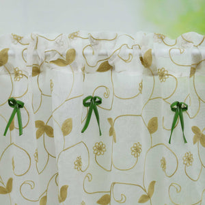 Cafe Curtain with Bows & Sheer Leaf Pattern - White, W x H 140 x 200cm