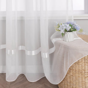 Curtain with Silk-Look Ribbon Solid Color Voile 1 Piece - White, Grommet Panel
