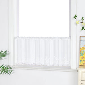 Short Voile Cafe Curtain with Openwork Pattern - White, H x W 30 x 120cm
