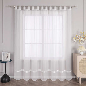 Curtain with Silk-Look Ribbon Solid Color Voile 1 Piece - White, Curtain-Tape Panel