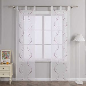 Sliding Panel Curtains with Tab-Top Hanging Set of 2 with Wave-and-Bead Pattern Embroidery