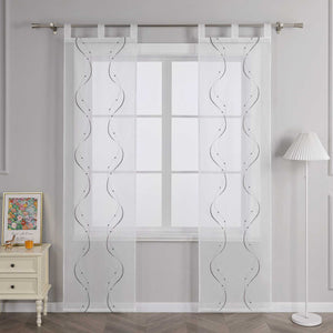 Sliding Panel Curtains with Tab-Top Hanging Set of 2 with Wave-and-Bead Pattern Embroidery - White, H x W 245 x 57cm