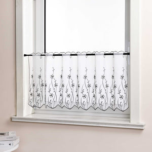 Cafe Curtain Country Style with Floral Pattern - White, W x H 120 x 30cm