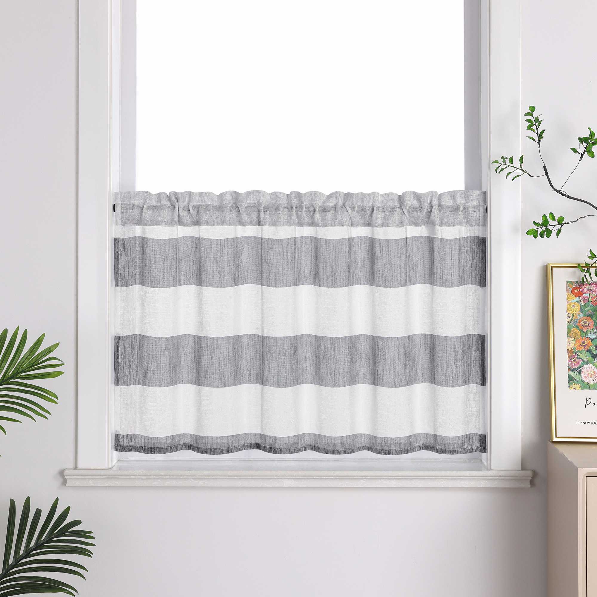 Delien Cafe Curtain in Country Style with Stripes - W x H 90 x 45cm, Gray