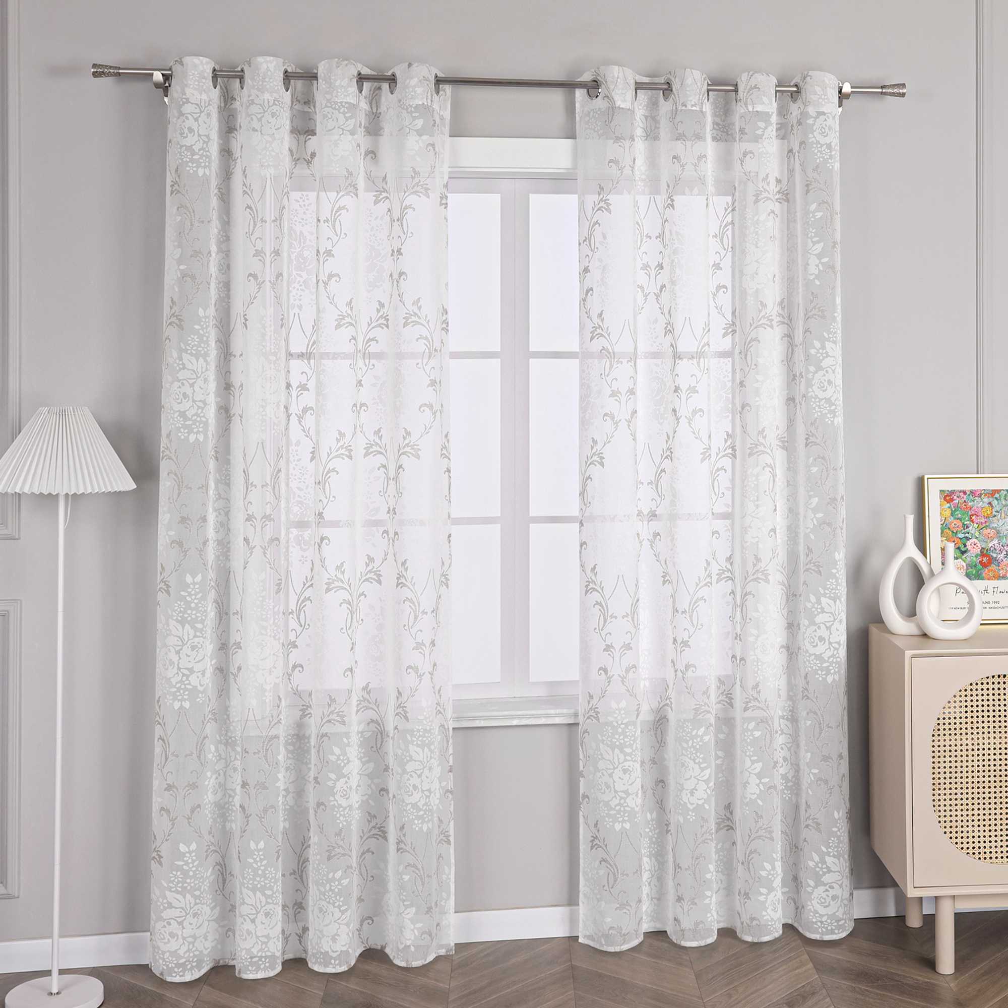 Curtain with Vine Pattern Grommet Curtain Panel 1 Piece - Beige, W x H 140 x 145cm