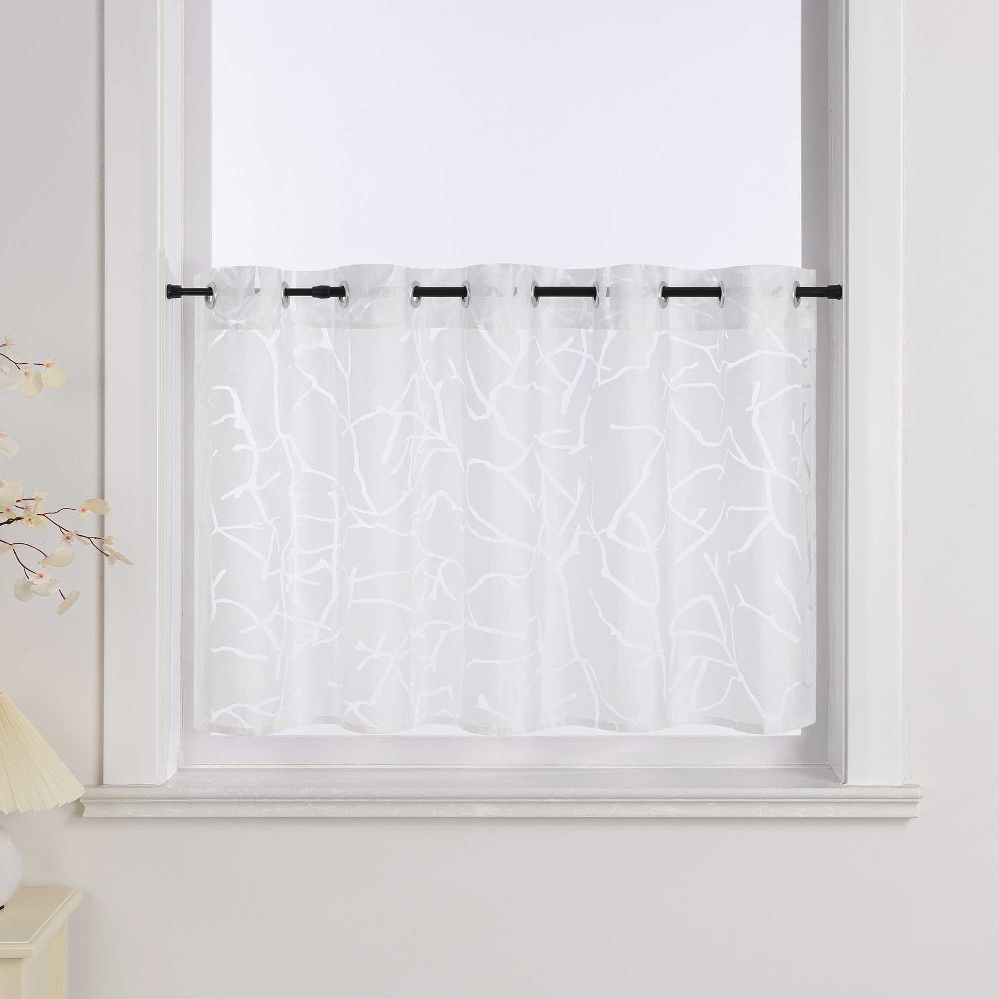 Cafe Curtain with Line Pattern and Branch Motif 1 Piece - White, H x W 30 x 90cm