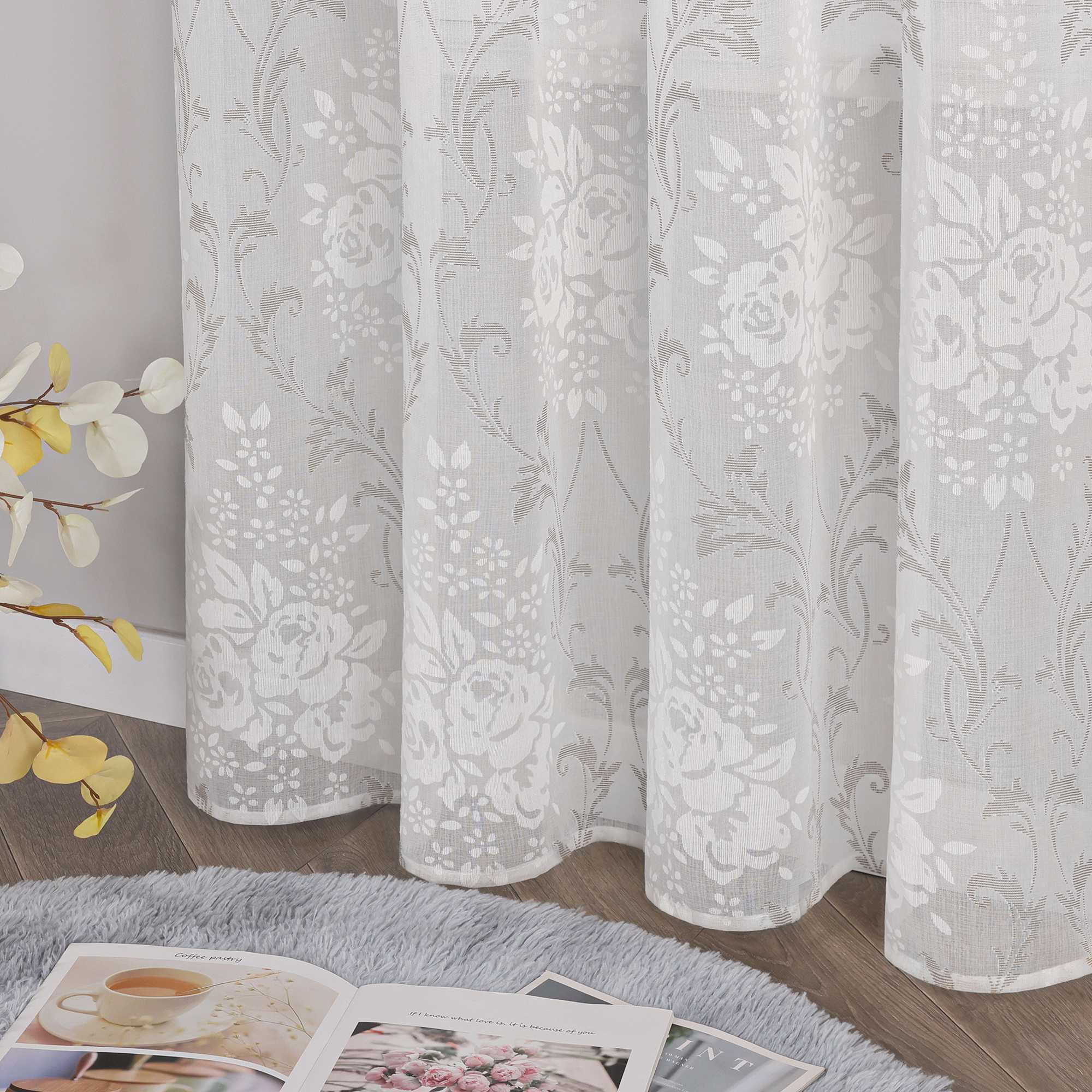 Curtain with Floral Pattern, Solid Color Lightweight Semi-Sheer - Gray, H x W 145 x 140cm