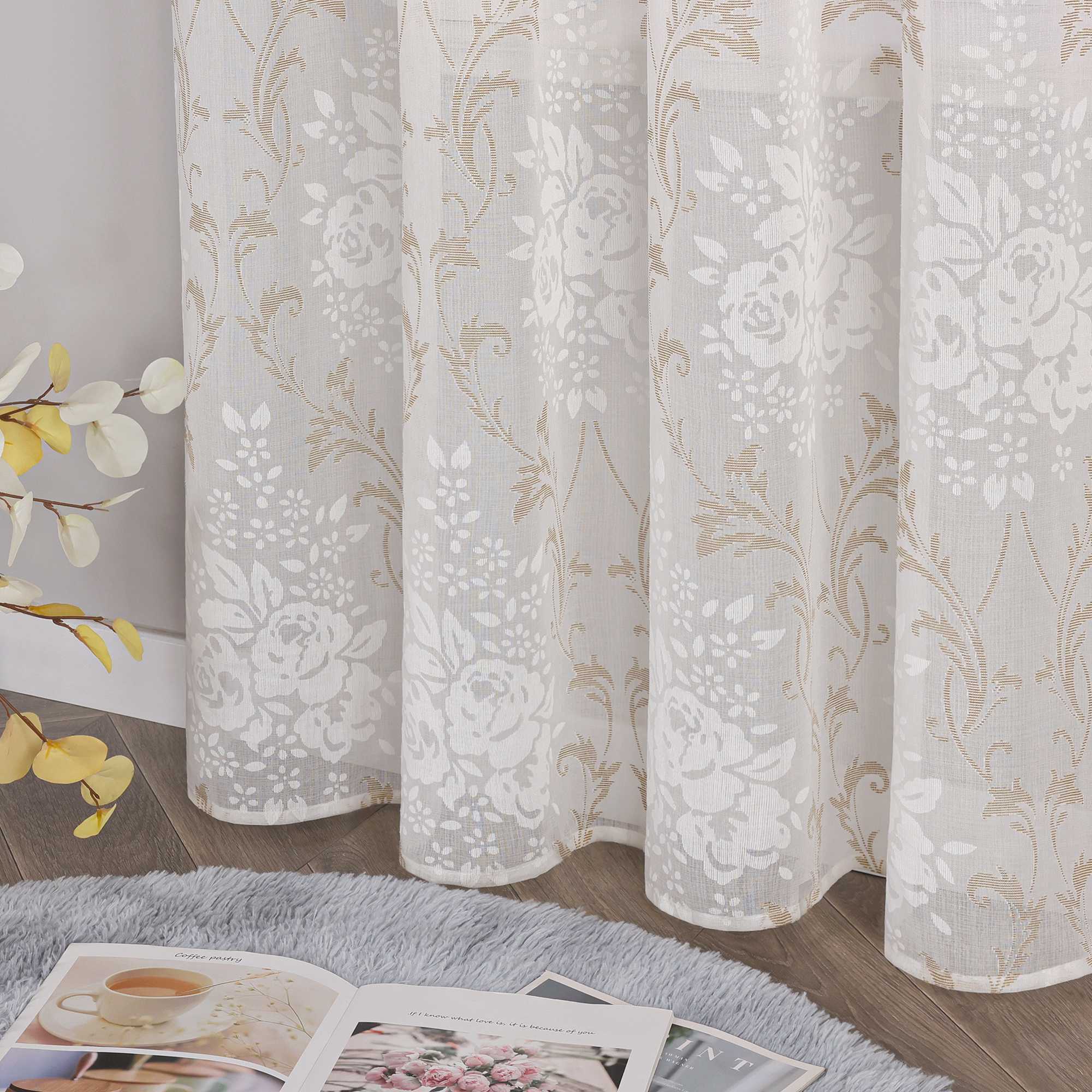 Curtain with Floral Pattern, Solid Color Lightweight Semi-Sheer