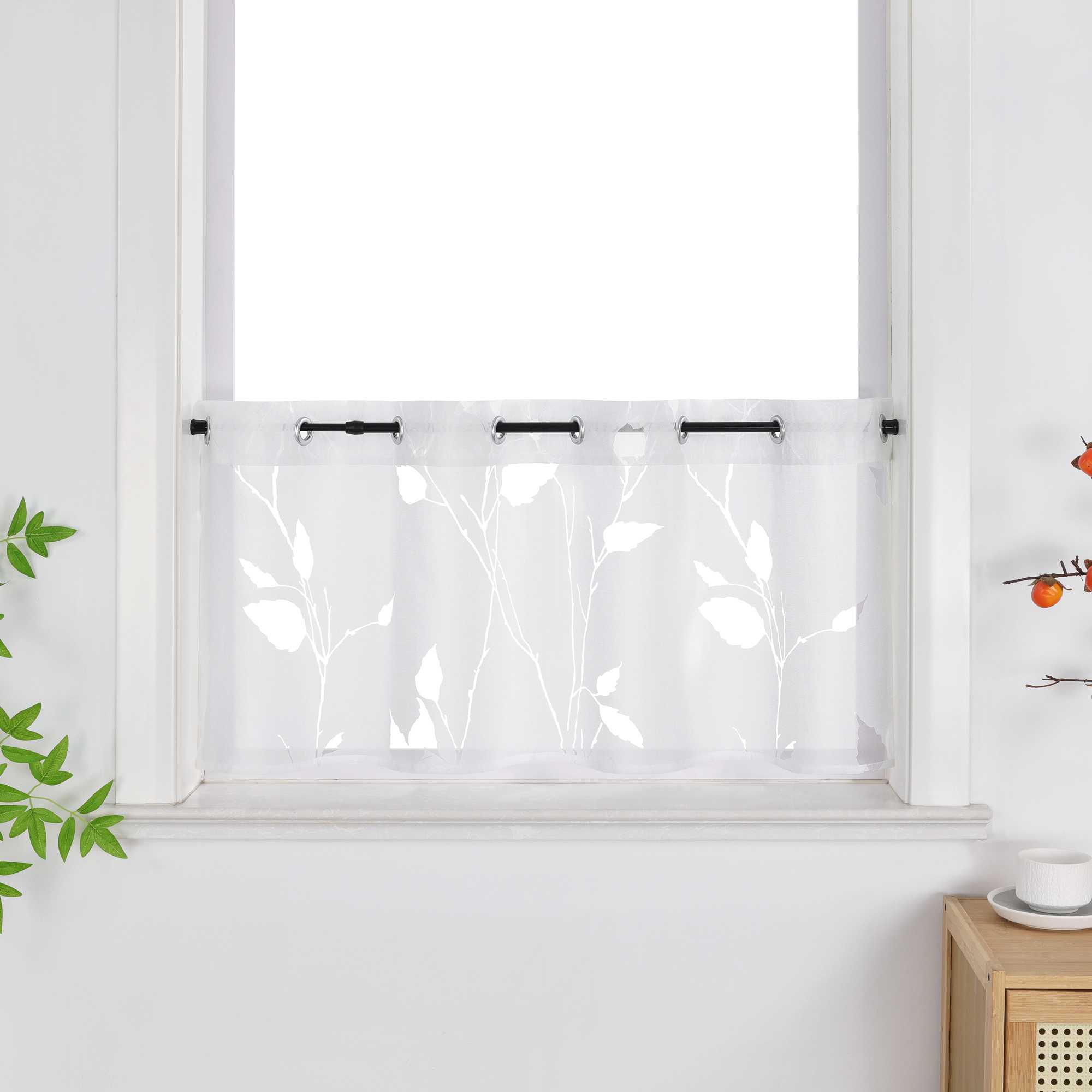 Cafe Curtain Semi-Sheer Leaf Pattern with Grommet Hanging - White, H x W 30 x 90cm