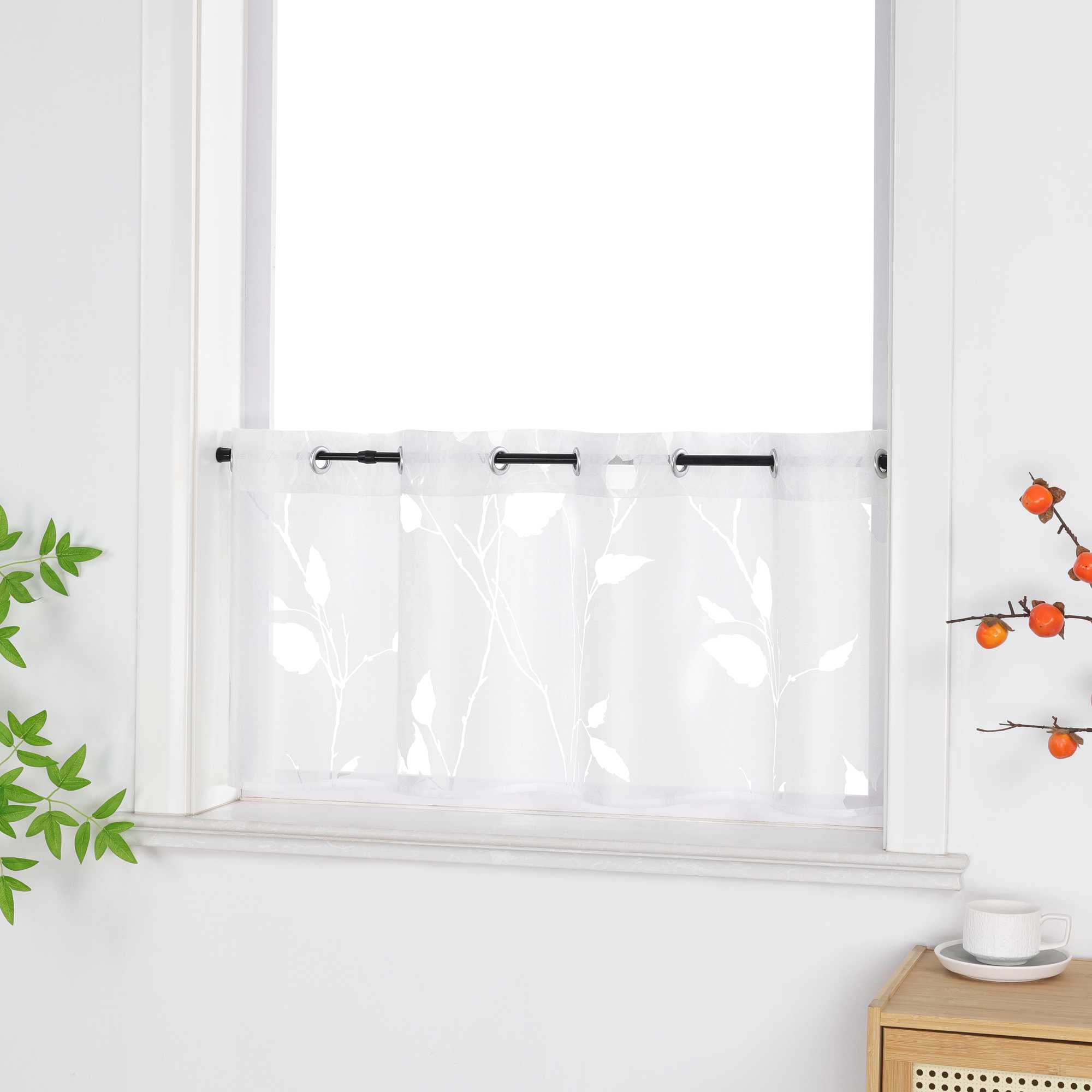 Cafe Curtain Semi-Sheer Leaf Pattern with Grommet Hanging - White, H x W 30 x 120cm