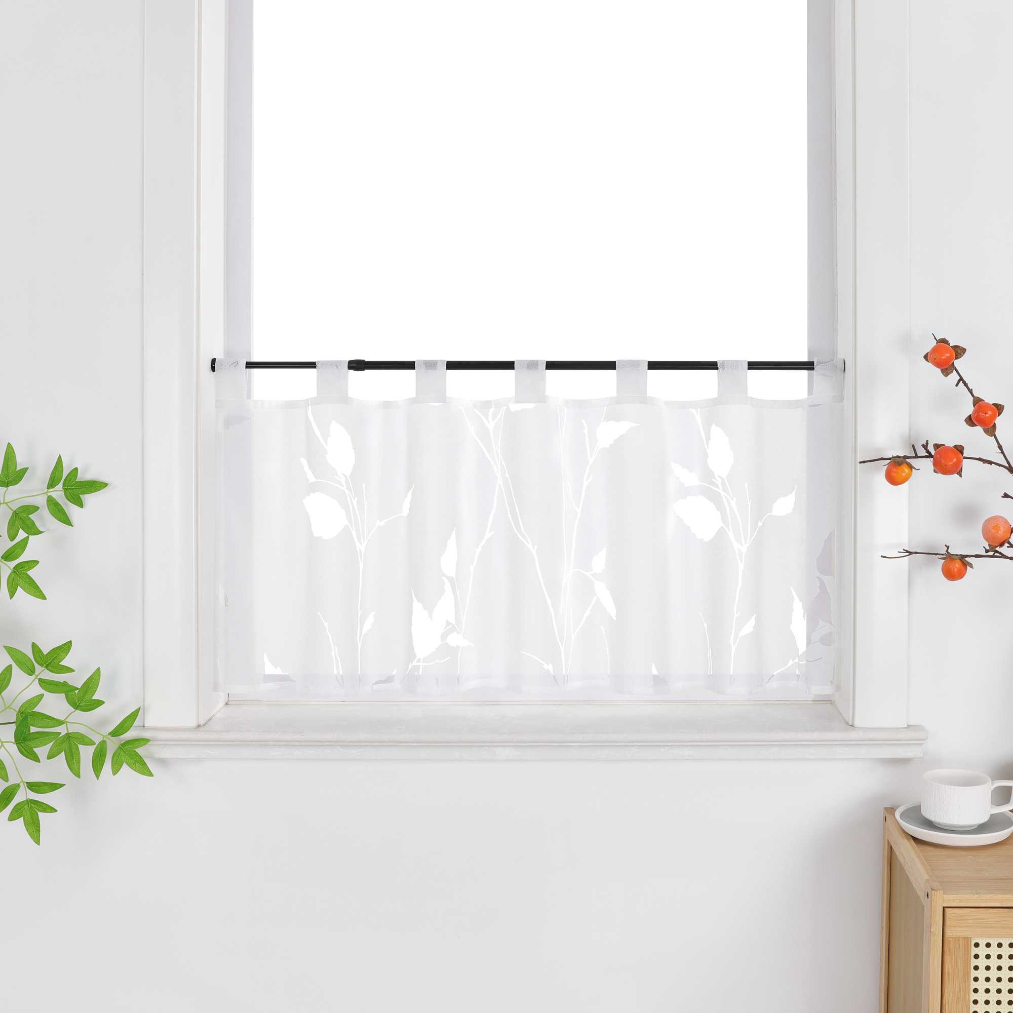 Cafe Curtain Semi-Sheer Leaf Pattern with Tab-Top Hanging - White, H x W 45 x 90cm