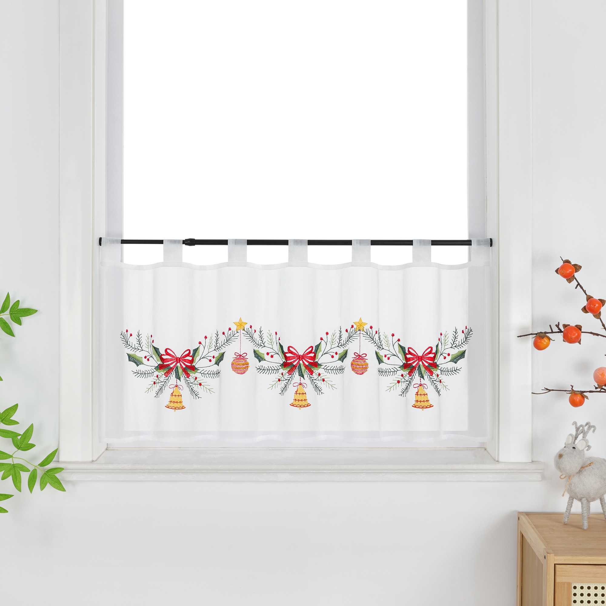 Cafe Curtain Sheer with Christmas Bells - White, H x W 30 x 120cm