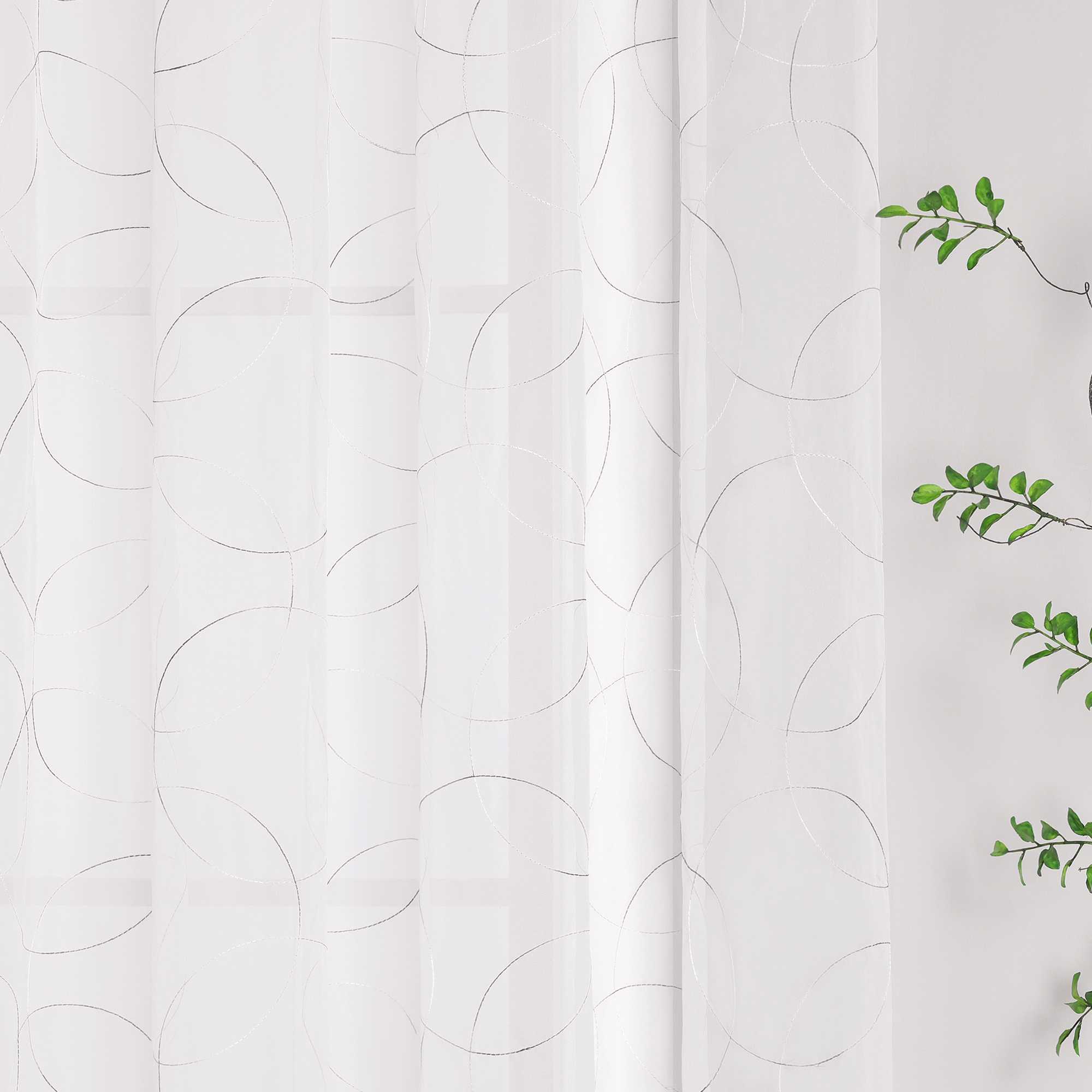 Voile Curtain with Curtain Tape with Circle Pattern Embroidered 1 Piece - Gray, W x H 140 x 245cm