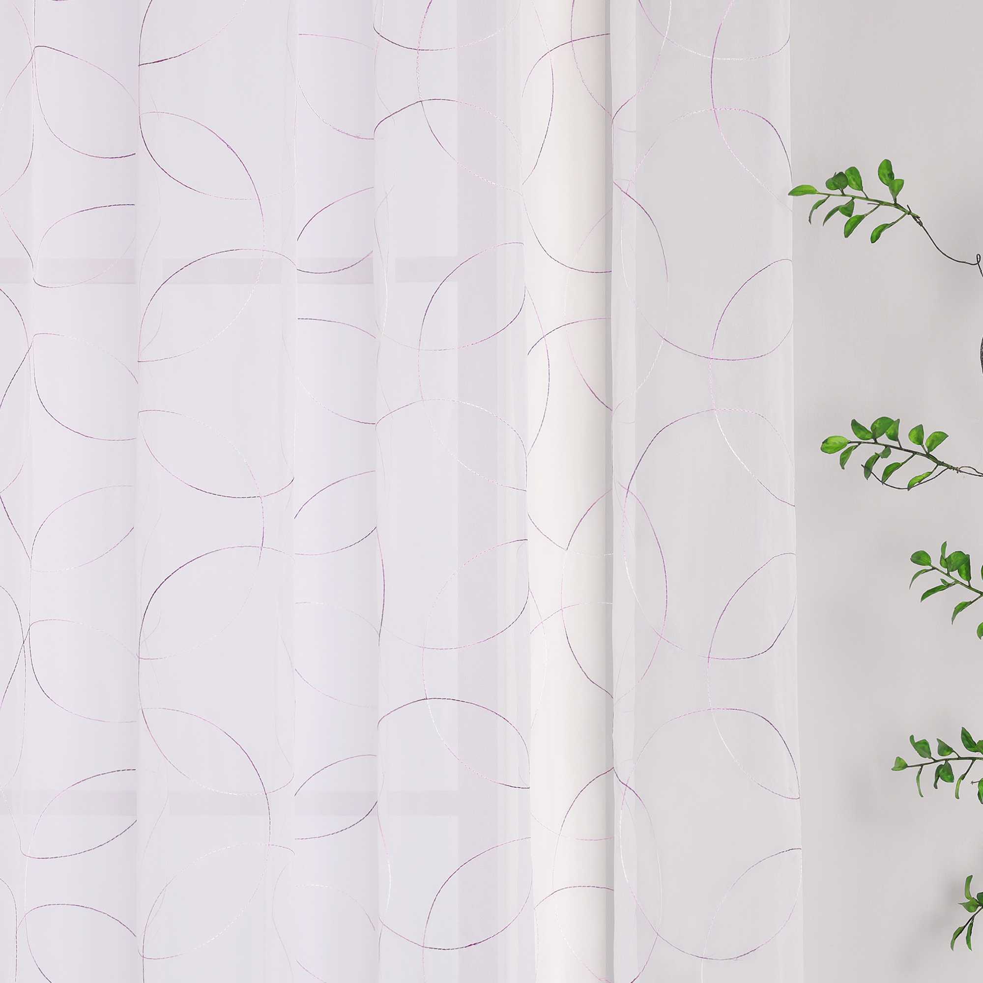 Voile Curtain with Curtain Tape with Circle Pattern Embroidered 1 Piece - Purple, W x H 140 x 260cm