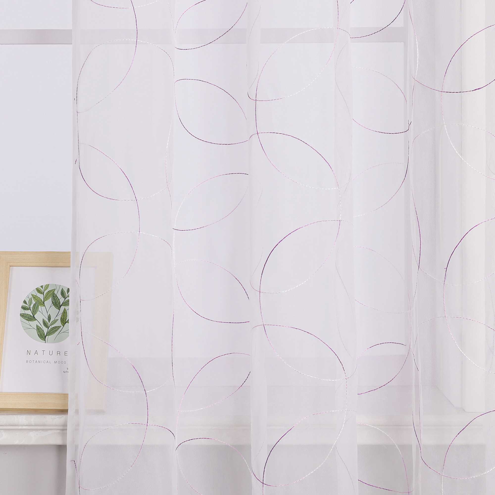 Voile Curtain with Curtain Tape with Circle Pattern Embroidered 1 Piece - Brown, W x H 140 x 145cm