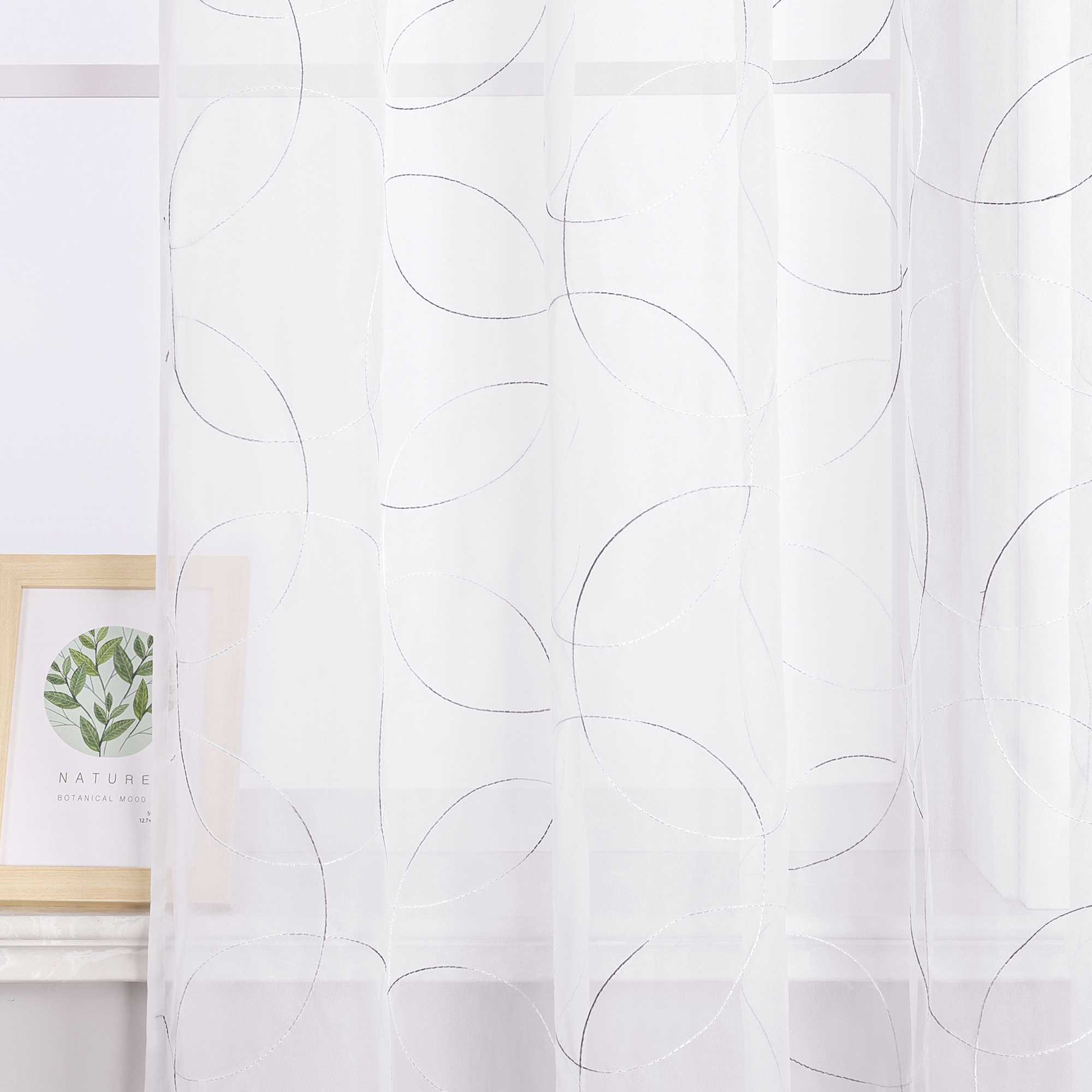 Voile Curtain with Curtain Tape with Circle Pattern Embroidered 1 Piece - Gray, W x H 140 x 260cm