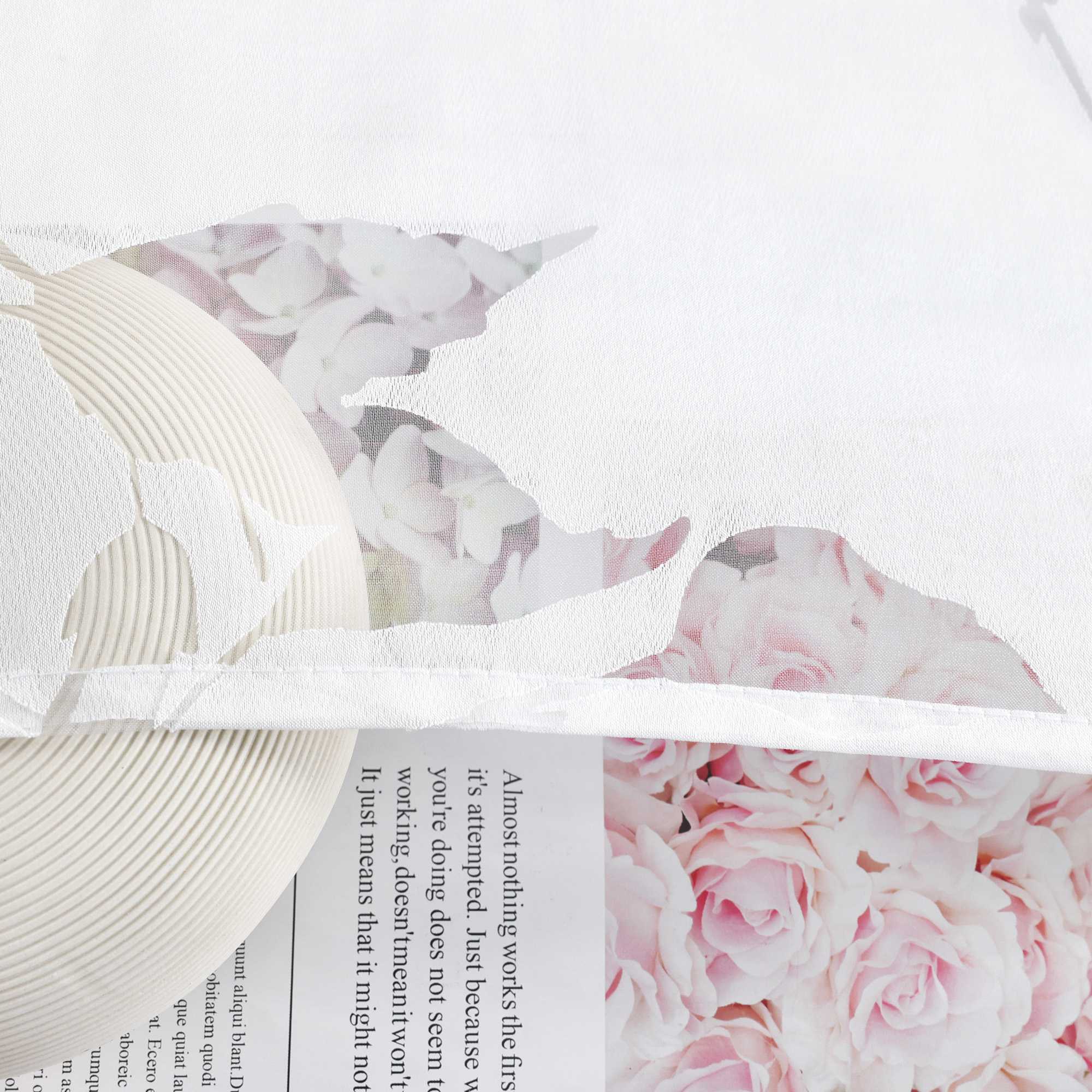Cafe Curtain Semi-Sheer Leaf Pattern with Grommet Hanging - White, H x W 45 x 120cm