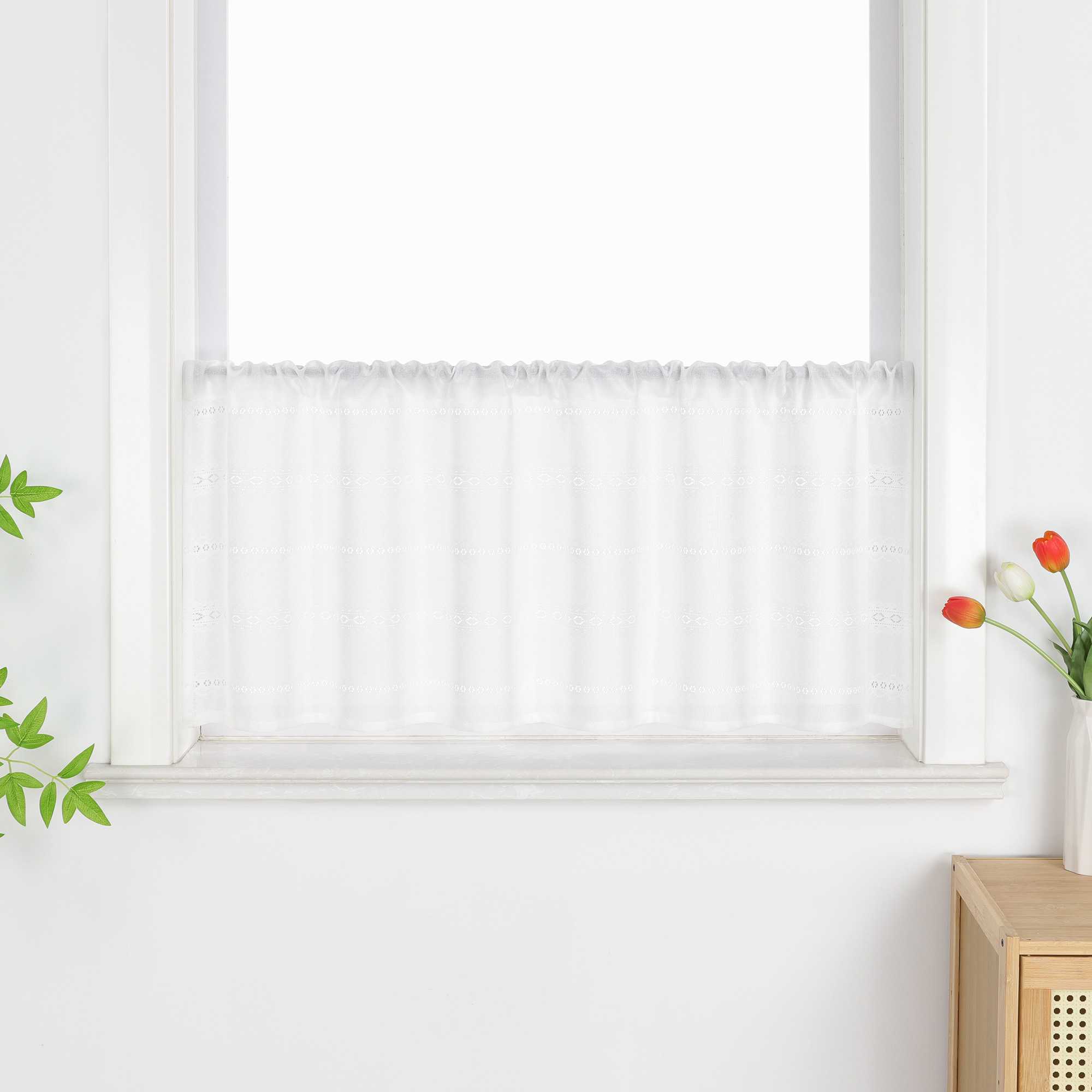 Sheer Cafe Curtain with Diamond Embossing and Tassel 1 Piece - White, H x W 30 x 90cm