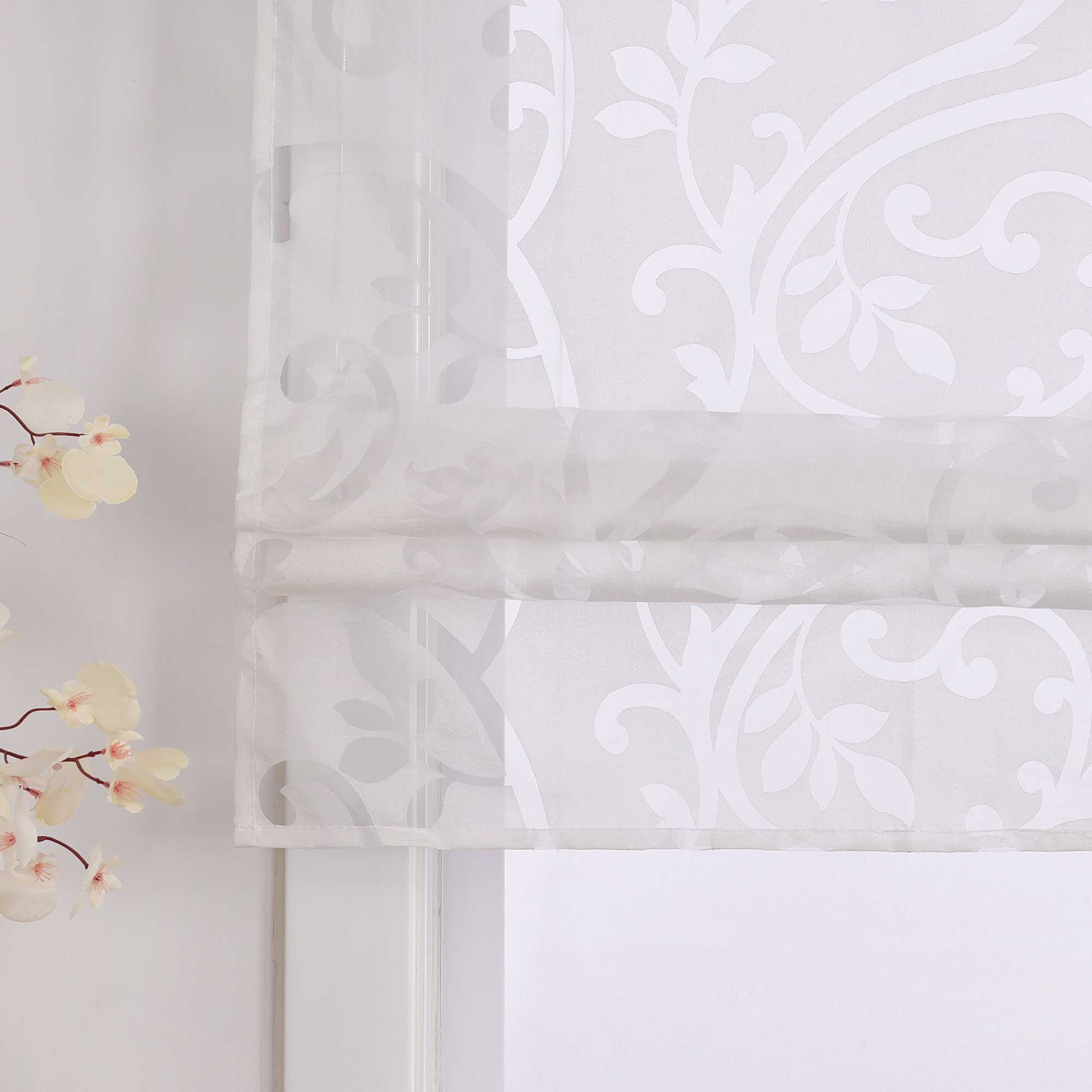 Roman Shade Semi-Sheer with Burnout Leaf Pattern Tab Tops 1 Piece - White, W x H 140 x 140cm
