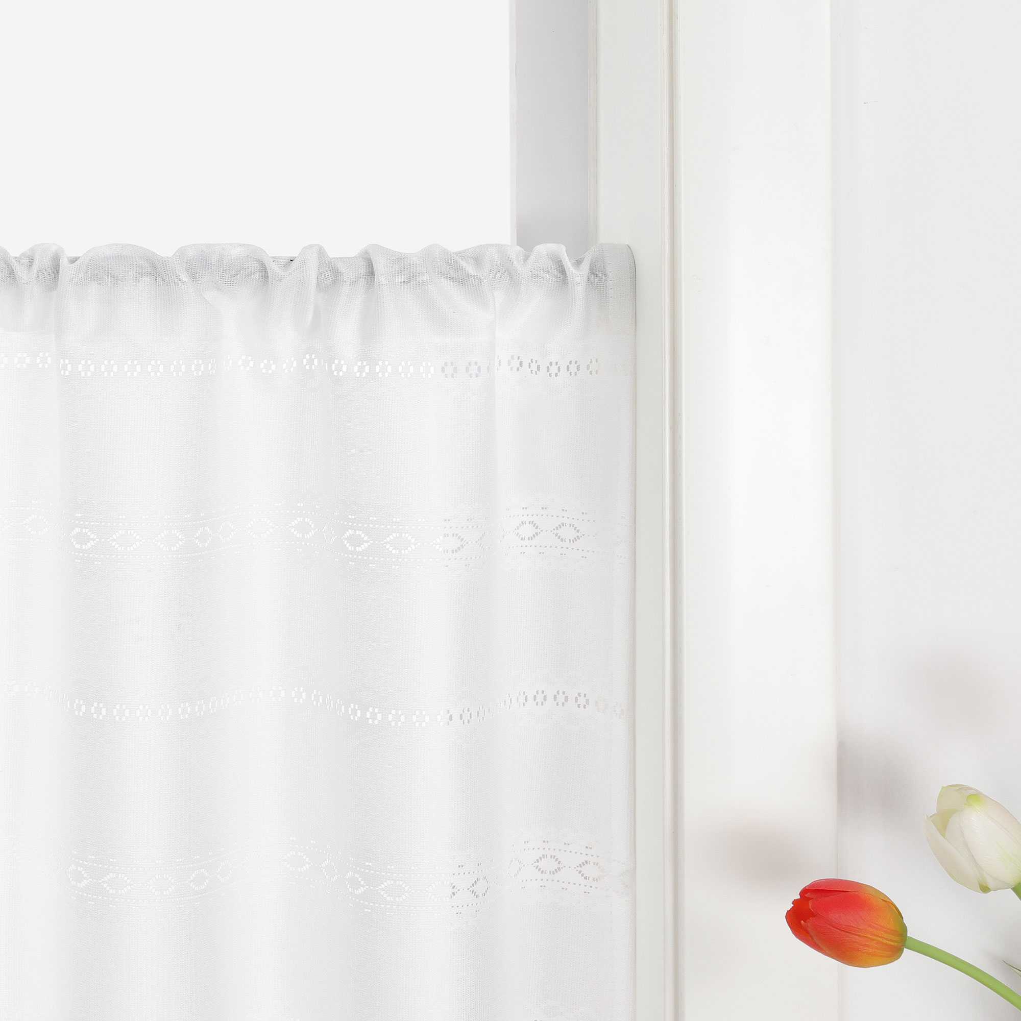 Sheer Cafe Curtain with Diamond Embossing and Tassel 1 Piece - White, H x W 45 x 90cm
