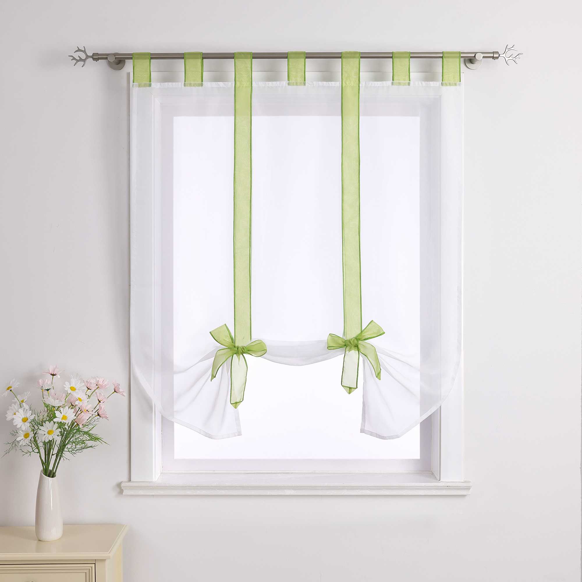 Roman Shade with Bow Design Sheer Height-Adjustable Window Decor 1 Piece - Green, W x H 120 x 140cm