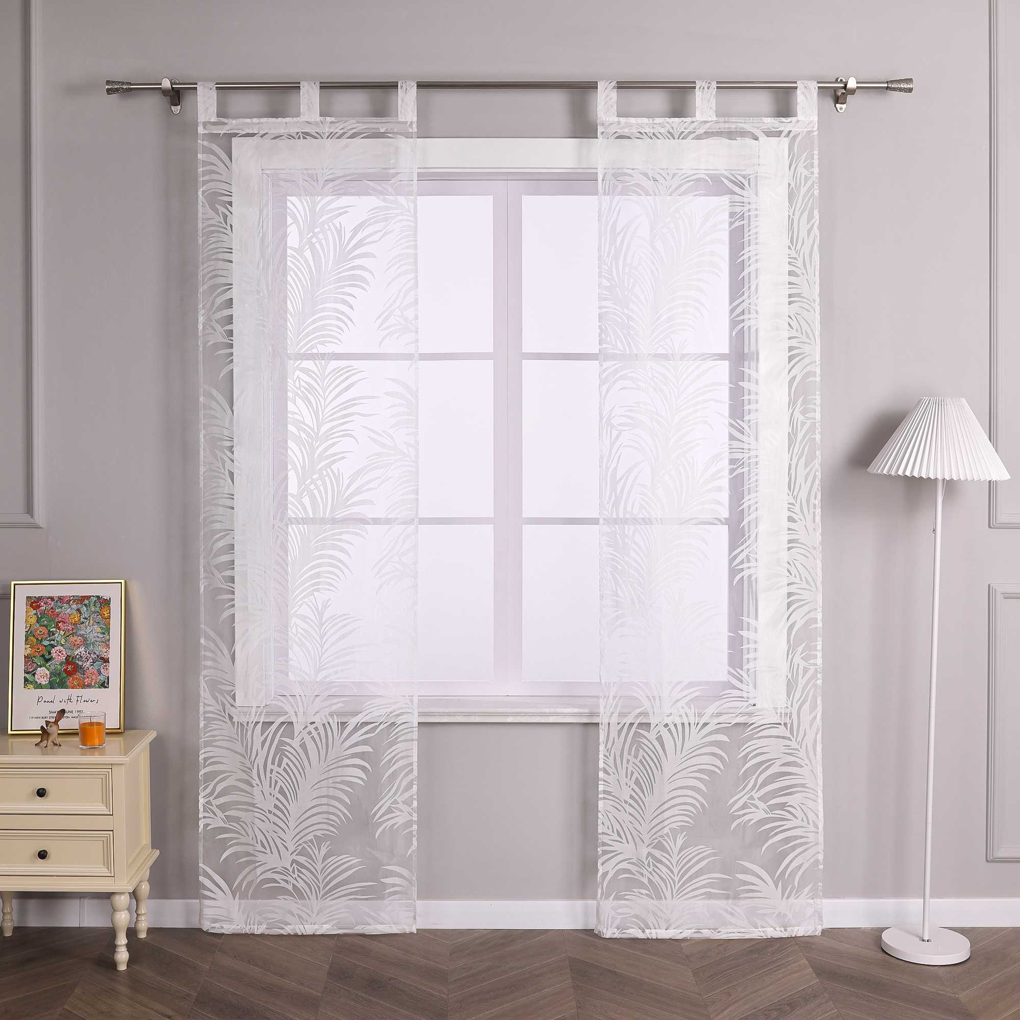 Sliding Panel Curtains with Tab Tops Set of 2 Burnout Fabric with Ginger-Leaf Pattern - White, H x W 145 x 57 cm