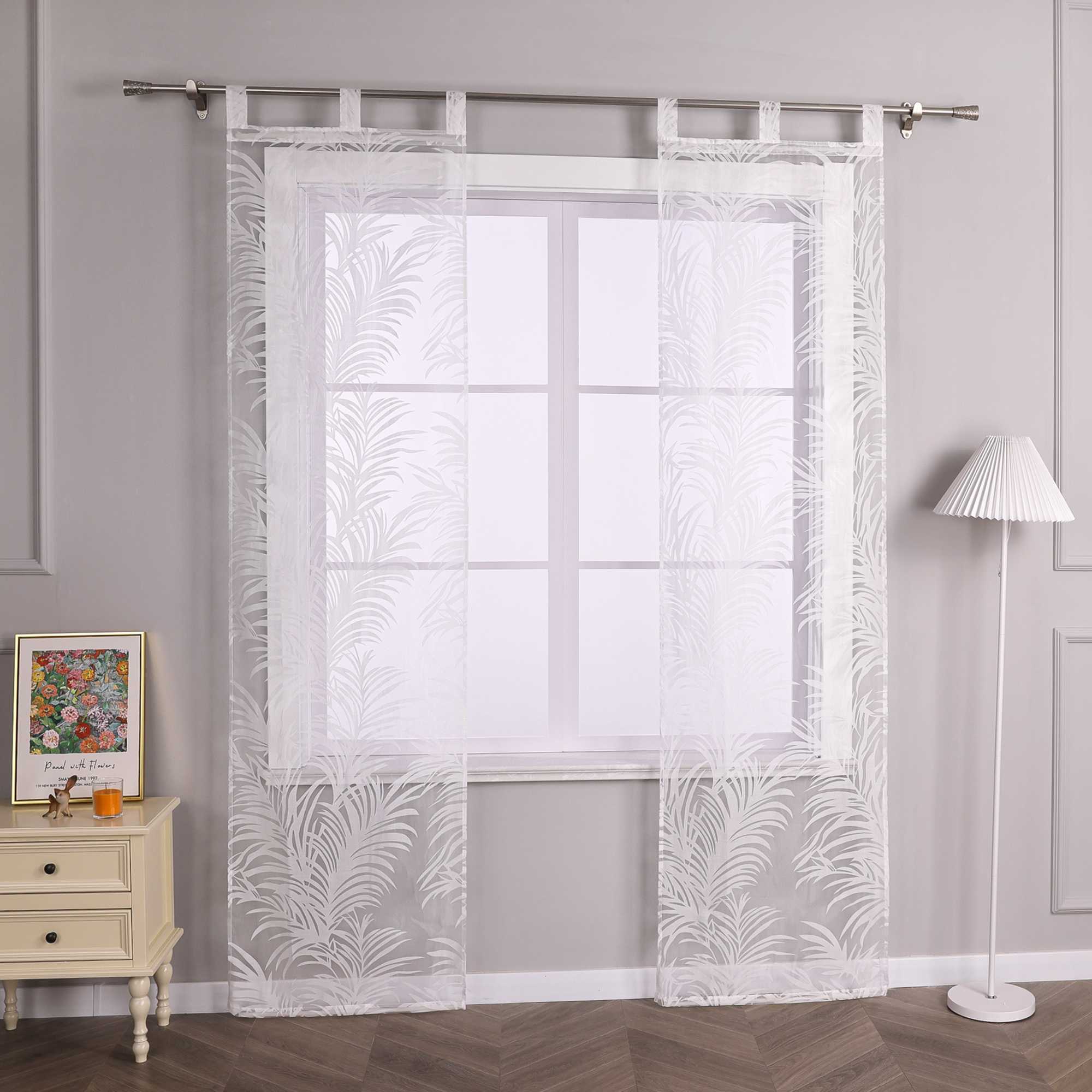 Sliding Panel Curtains with Tab Tops Set of 2 Burnout Fabric with Ginger-Leaf Pattern - White, H x W 175 x 57 cm