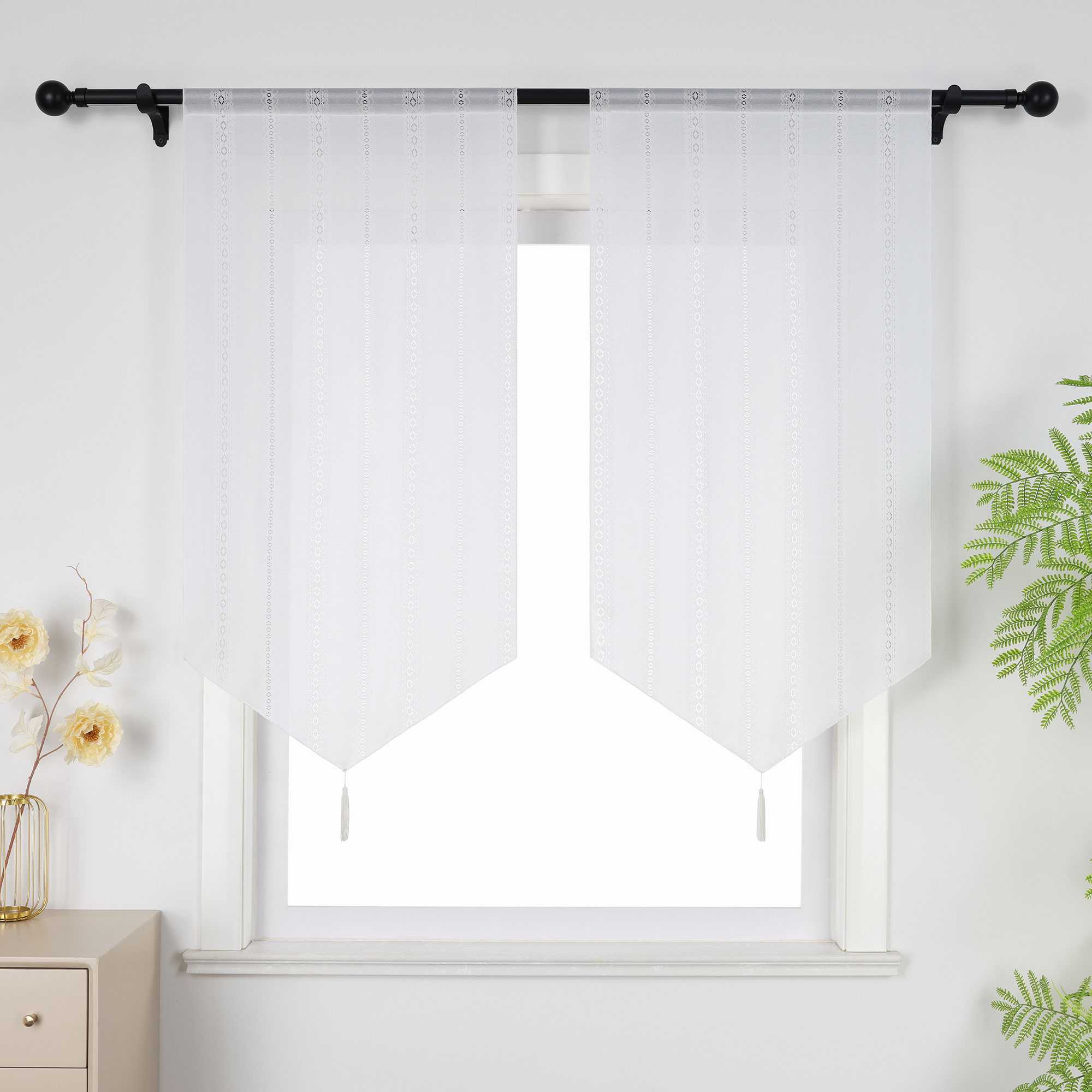 Sheer Triangular Curtain with Diamond Embossing and Tassel 1 Piece - White, W x H 40 x 60cm