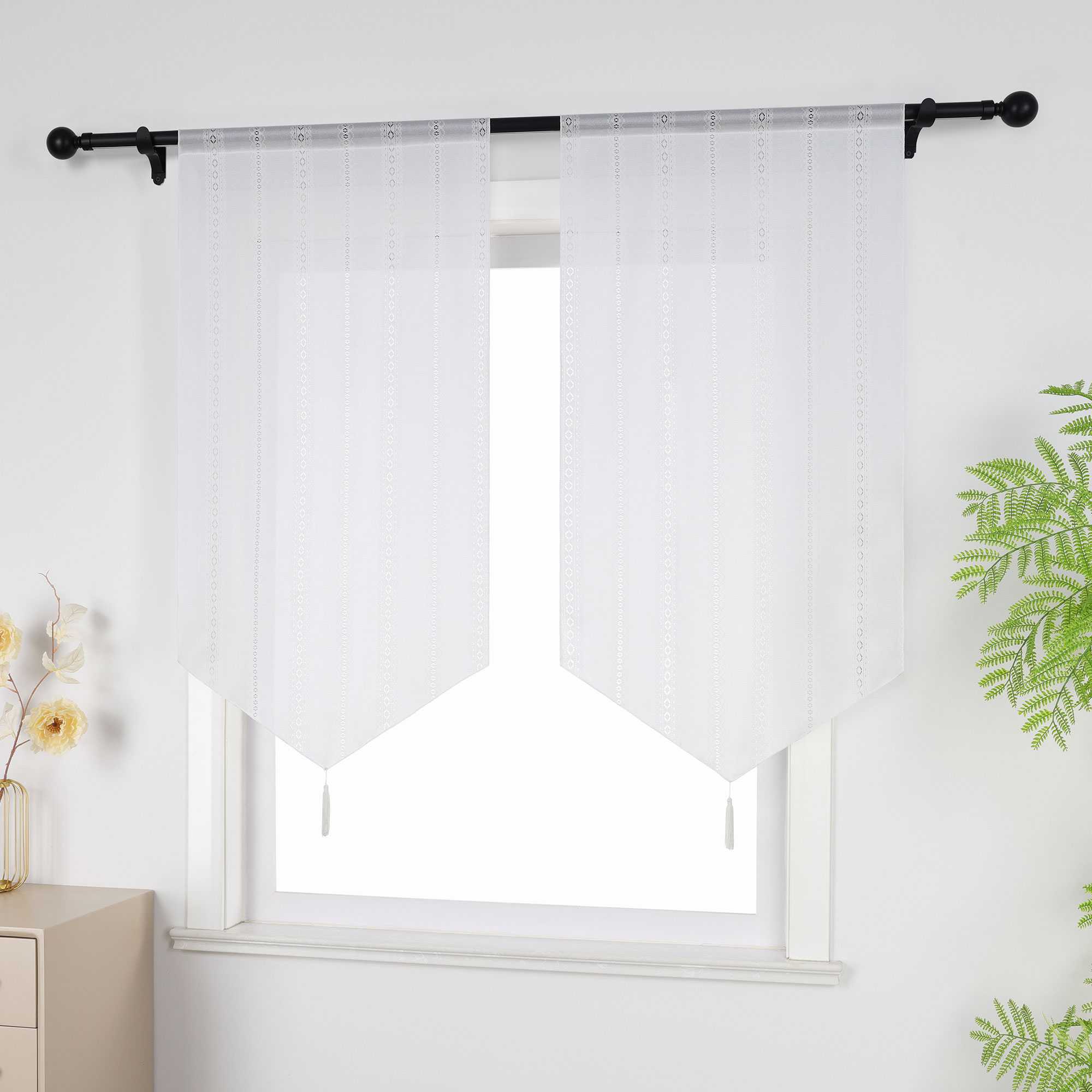 Sheer Triangular Curtain with Diamond Embossing and Tassel 1 Piece - White, W x H 40 x 90cm