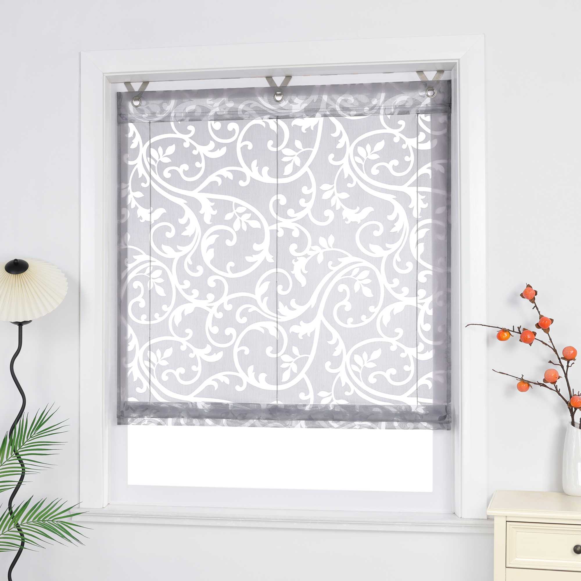 Roman Shade with V-Shaped Tabs Sheer Burnout Technique Floral Pattern 1 Piece