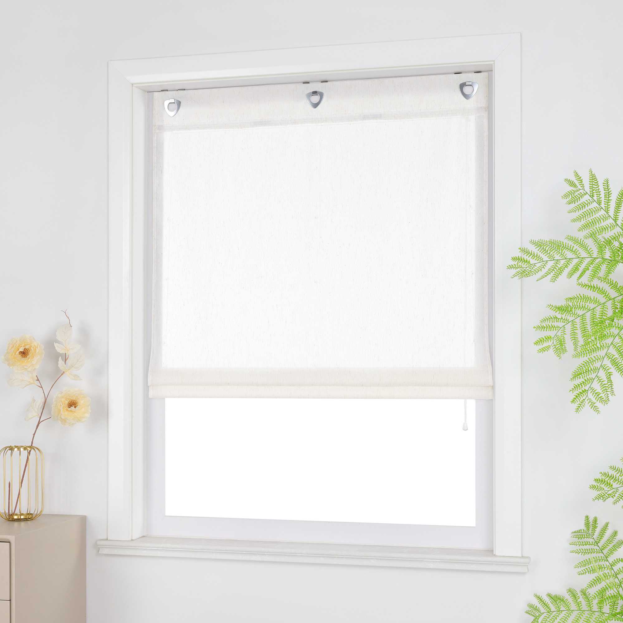 Roman Shade Linen-Look with U-Hooks, Solid Color 1 Piece - White, W x H 80 x 140cm