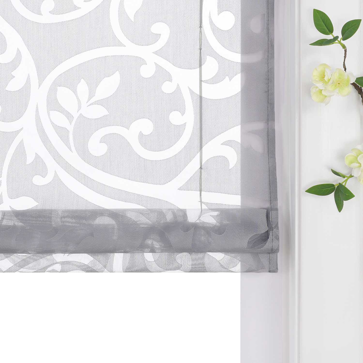 Roman Shade with V-Shaped Tabs Sheer Burnout Technique Floral Pattern 1 Piece