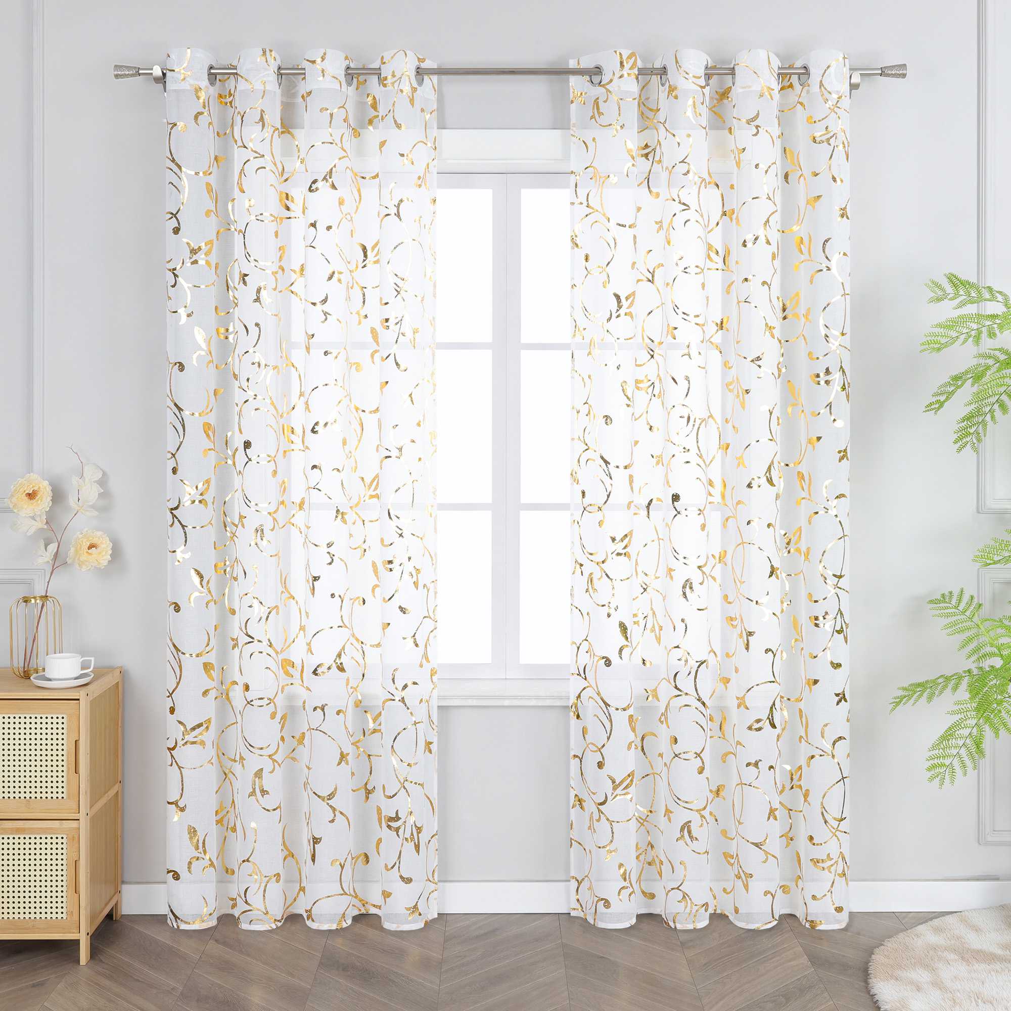 Sheer Curtain with Silver/ Gold Vine Pattern Grommet Hanging 1 Piece