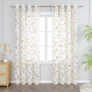 Sheer Curtain with Silver/ Gold Vine Pattern Grommet Hanging 1 Piece