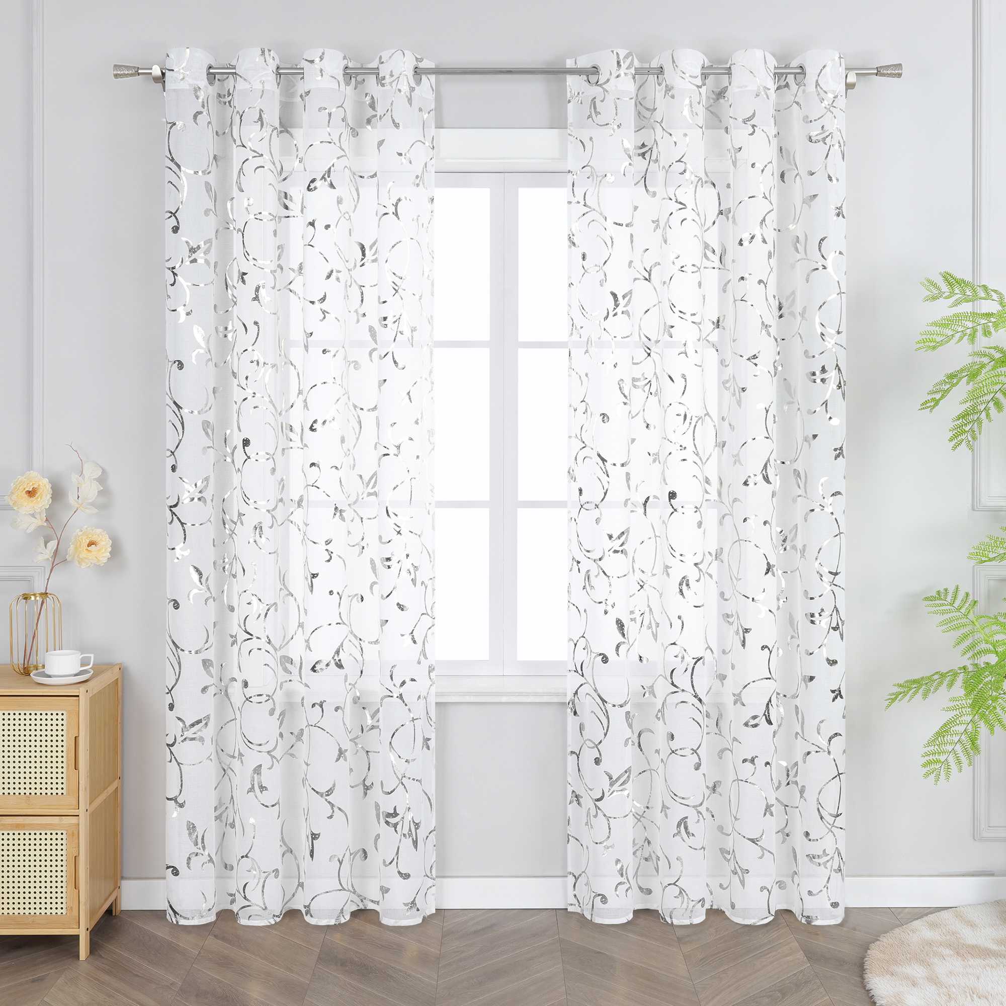Sheer Curtain with Silver/ Gold Vine Pattern Grommet Hanging 1 Piece - gold, W x H 140 x 145cm