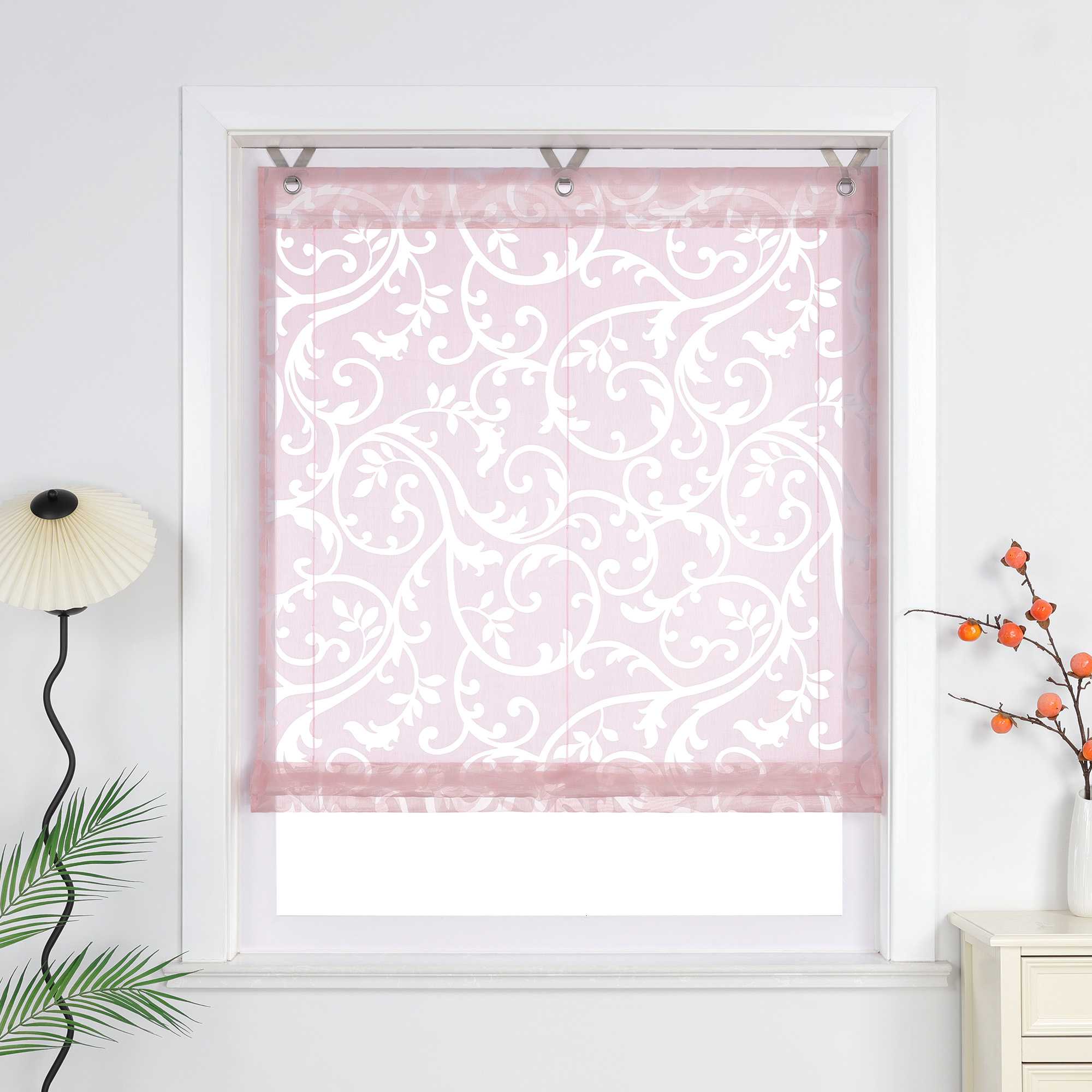 Roman Shade with V-Shaped Tabs Sheer Burnout Technique Floral Pattern 1 Piece - Gray, W x H 100 x 130cm