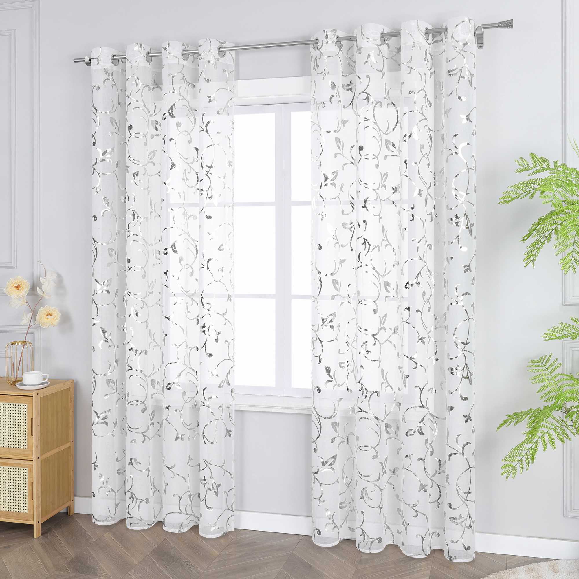 Sheer Curtain with Silver/ Gold Vine Pattern Grommet Hanging 1 Piece - gold, W x H 140 x 175cm