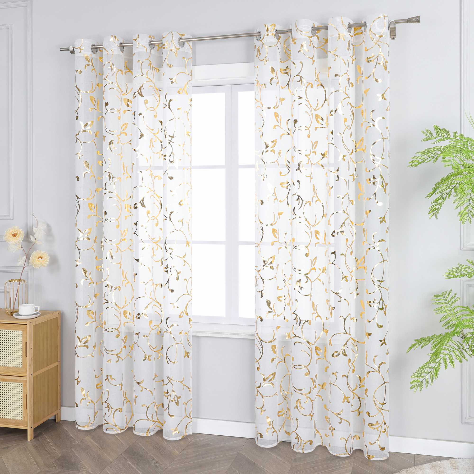 Sheer Curtain with Silver/ Gold Vine Pattern Grommet Hanging 1 Piece