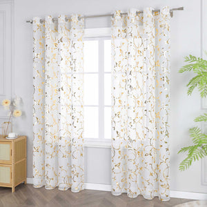 Sheer Curtain with Silver/ Gold Vine Pattern Grommet Hanging 1 Piece