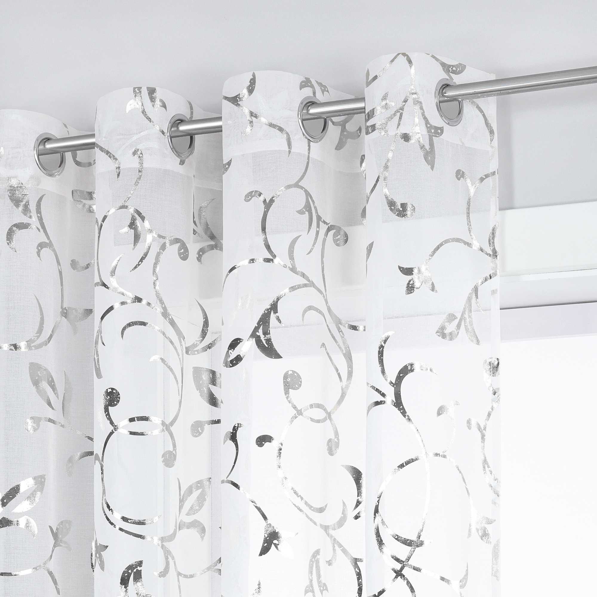 Sheer Curtain with Silver/ Gold Vine Pattern Grommet Hanging 1 Piece - silver, W x H 140 x 175cm
