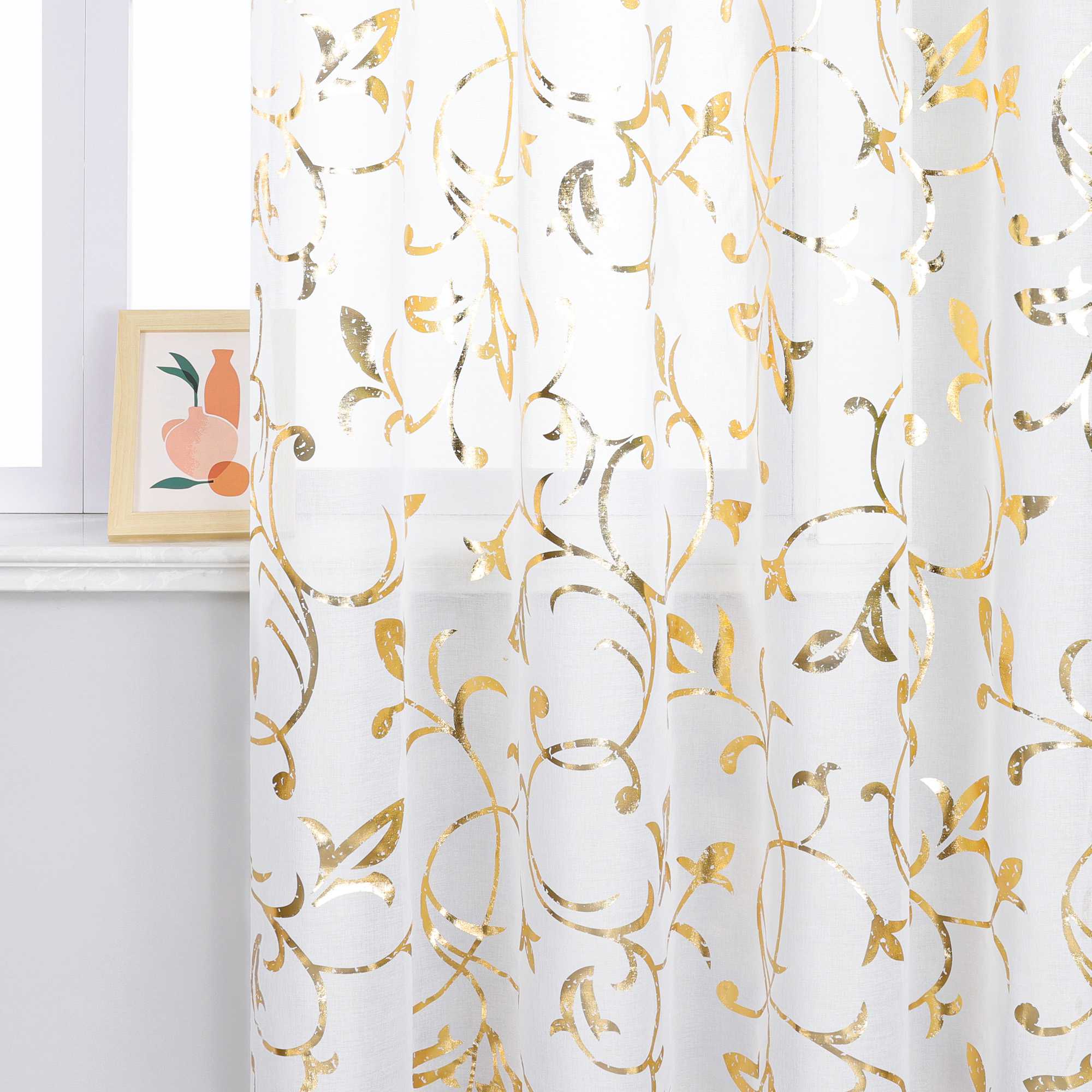 Sheer Curtain with Silver/ Gold Vine Pattern Grommet Hanging 1 Piece
