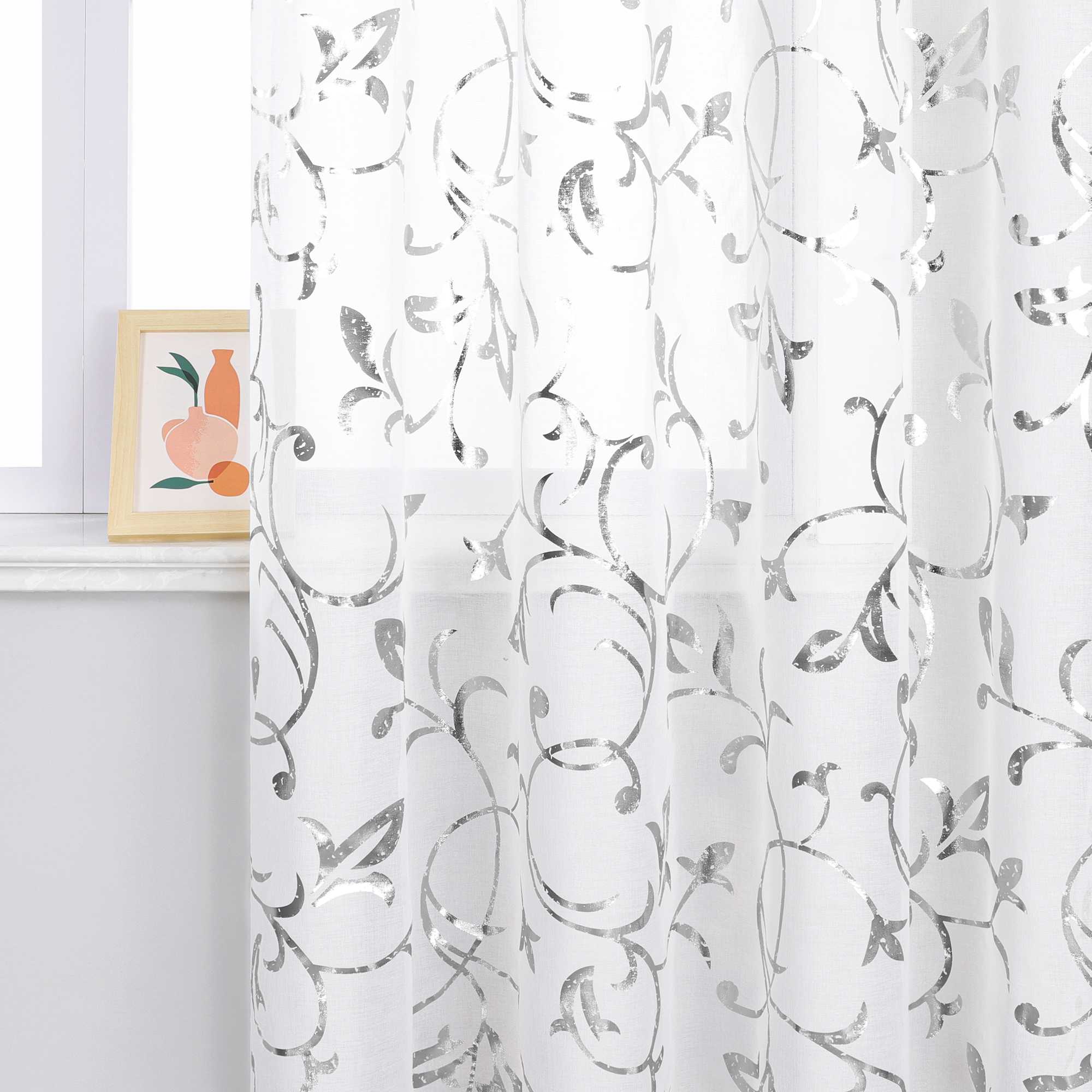 Sheer Curtain with Silver/ Gold Vine Pattern Grommet Hanging 1 Piece - silver, W x H 140 x 145cm