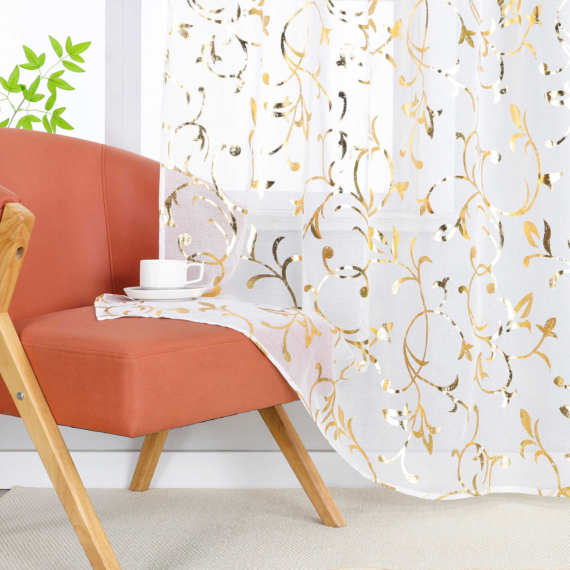 Sheer Curtain with Silver/ Gold Vine Pattern Grommet Hanging 1 Piece