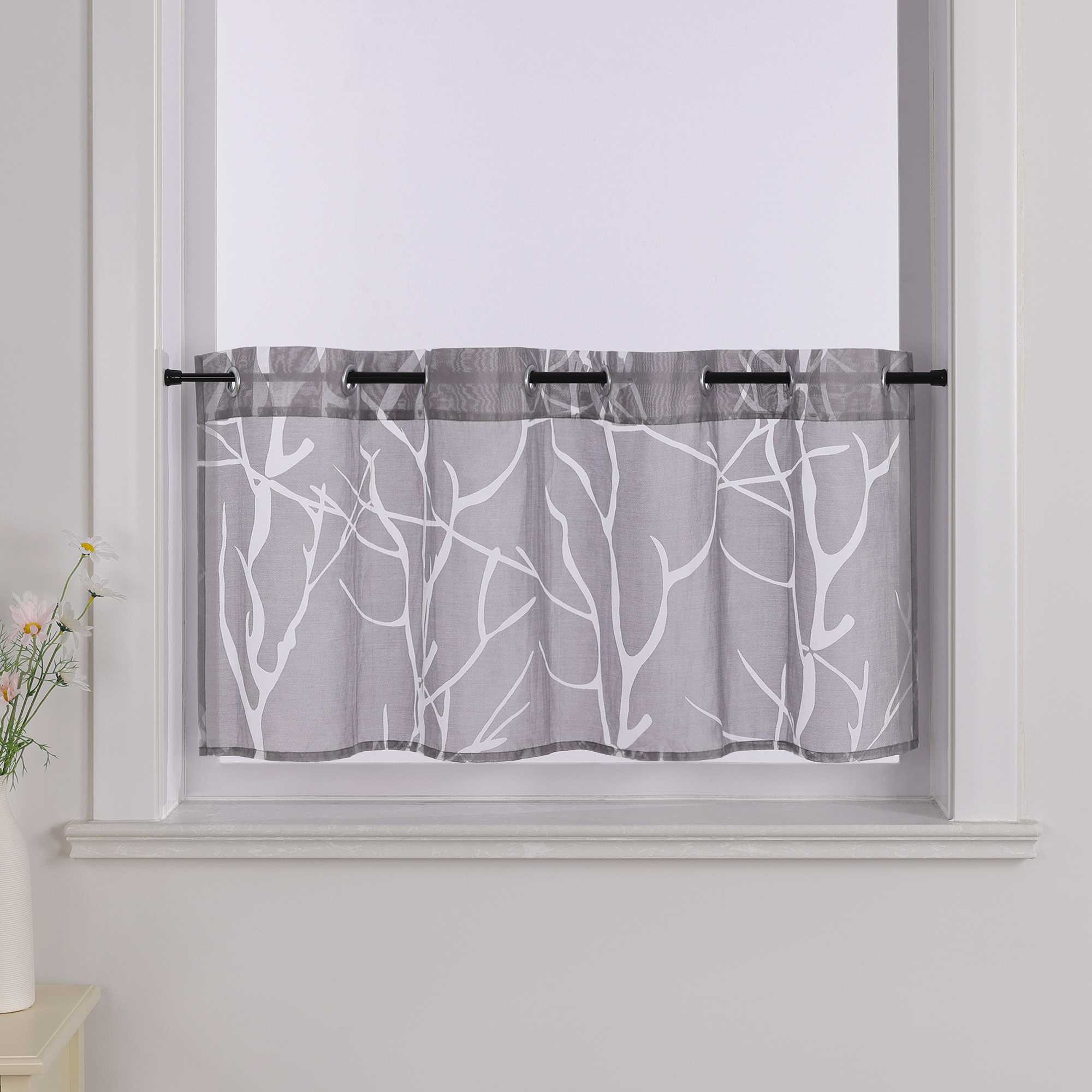Grommet Cafe Curtain with Branch Pattern Short Curtain 1 Piece - White, H x W 30 x 90cm