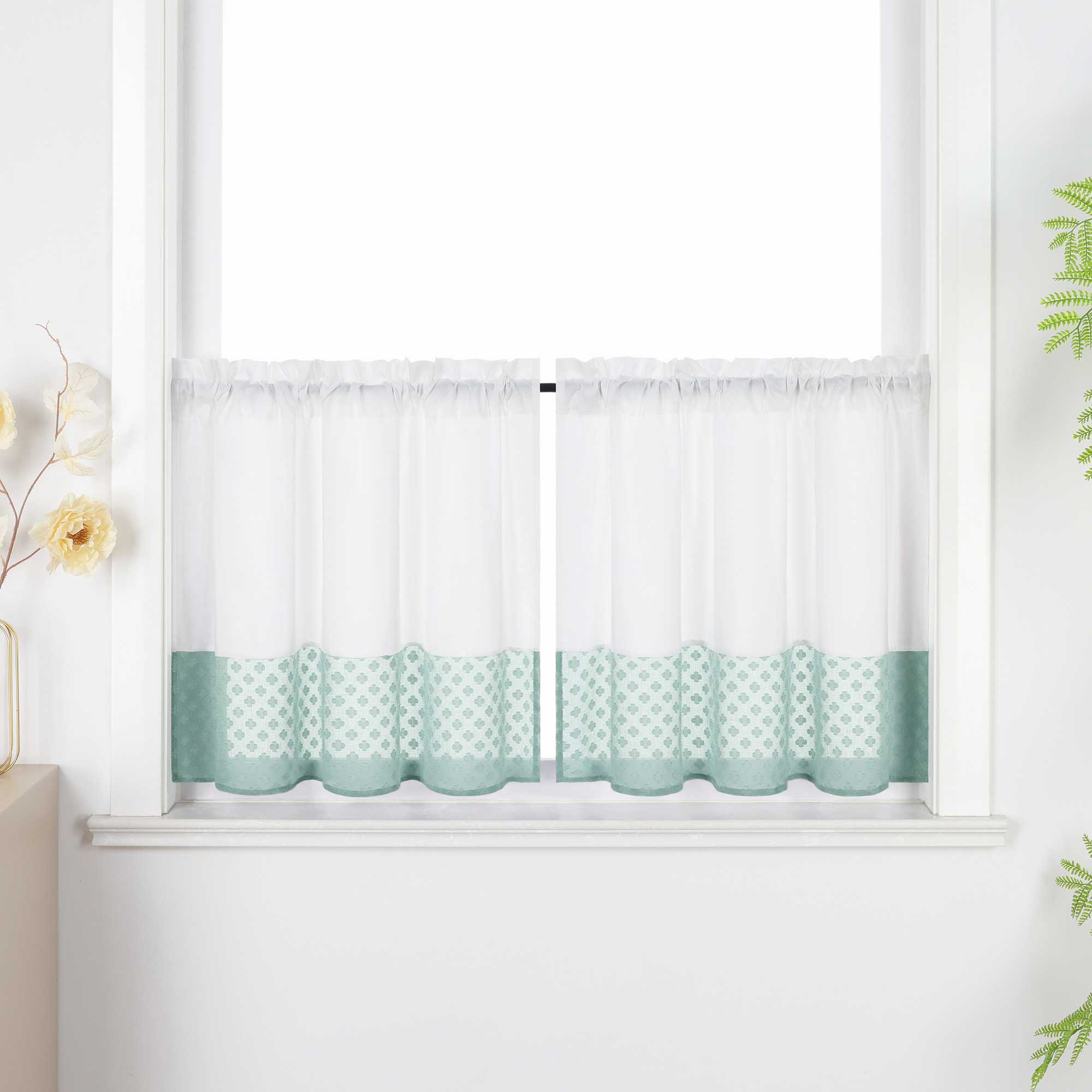 Cafe Curtain in Patchwork Style with Clover Pattern, 2 Pieces, with Rod-Pocket Design - Green, H x W 60 x 145cm