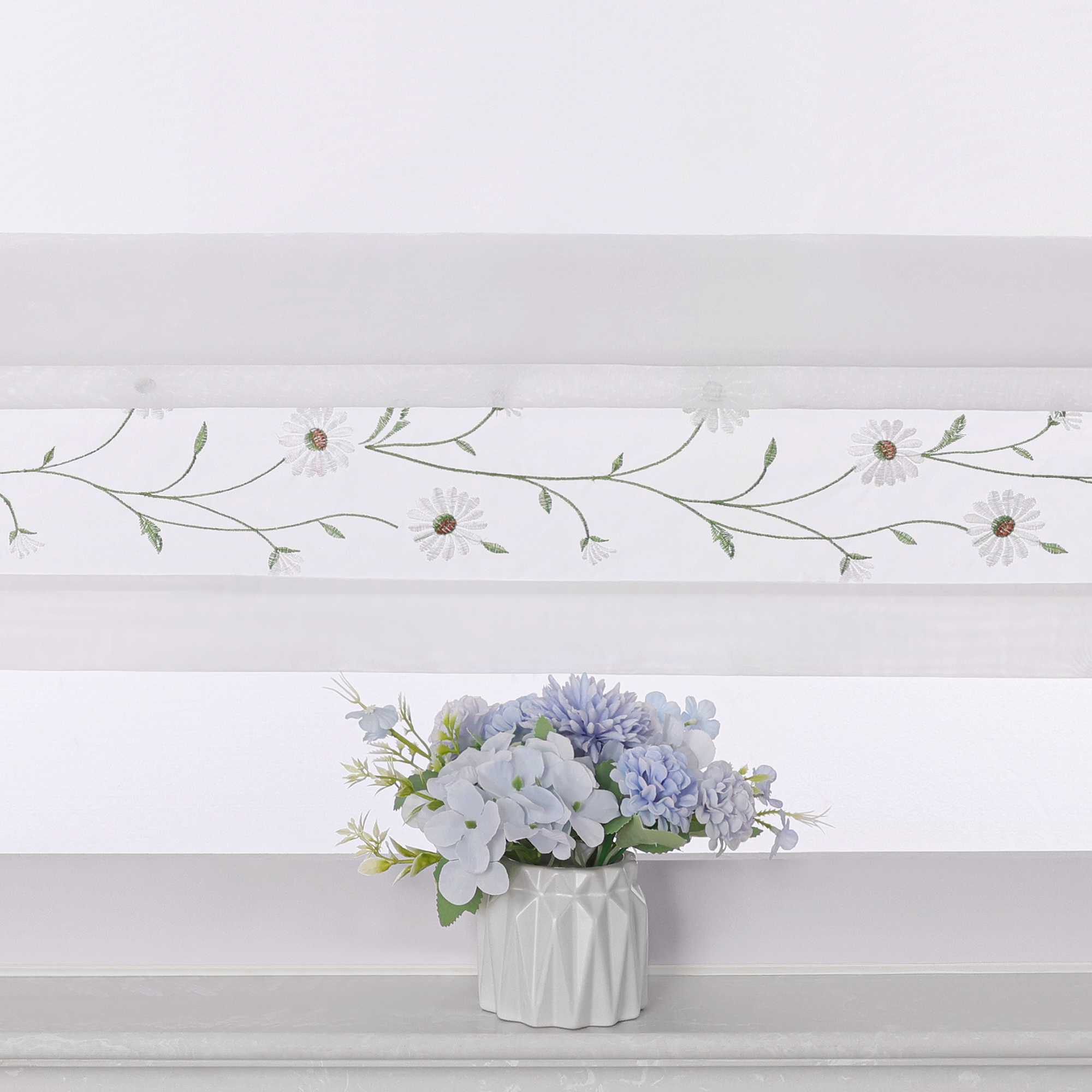 Roman Shade Voile with Tab-Top Hanging and Floral Pattern Embroidery 1 Piece - Light Blue, W x H 45 x 150cm