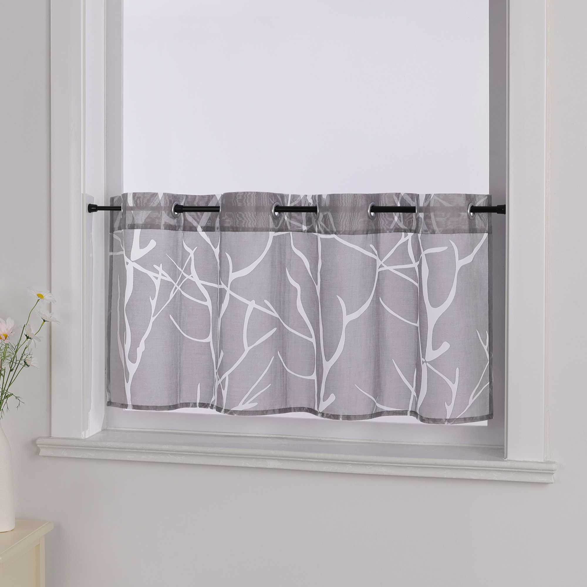 Grommet Cafe Curtain with Branch Pattern Short Curtain 1 Piece - White, H x W 30 x 120cm