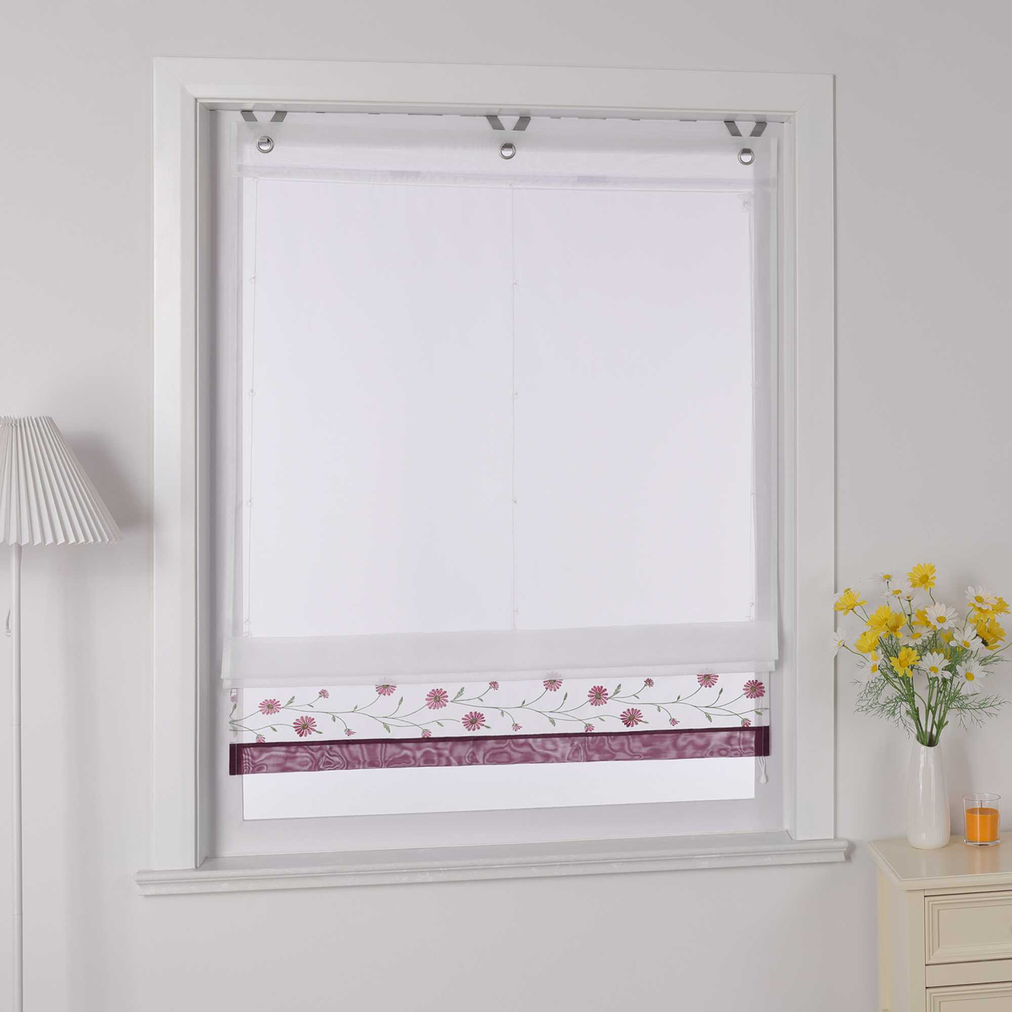 Roman Shade Voile with Tab-Top Hanging and Floral Pattern Embroidery 1 Piece