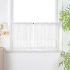 Cafe Curtain in Patchwork Style with Clover Pattern, 2 Pieces, with Rod-Pocket Design - White, H x W 45 x 90cm
