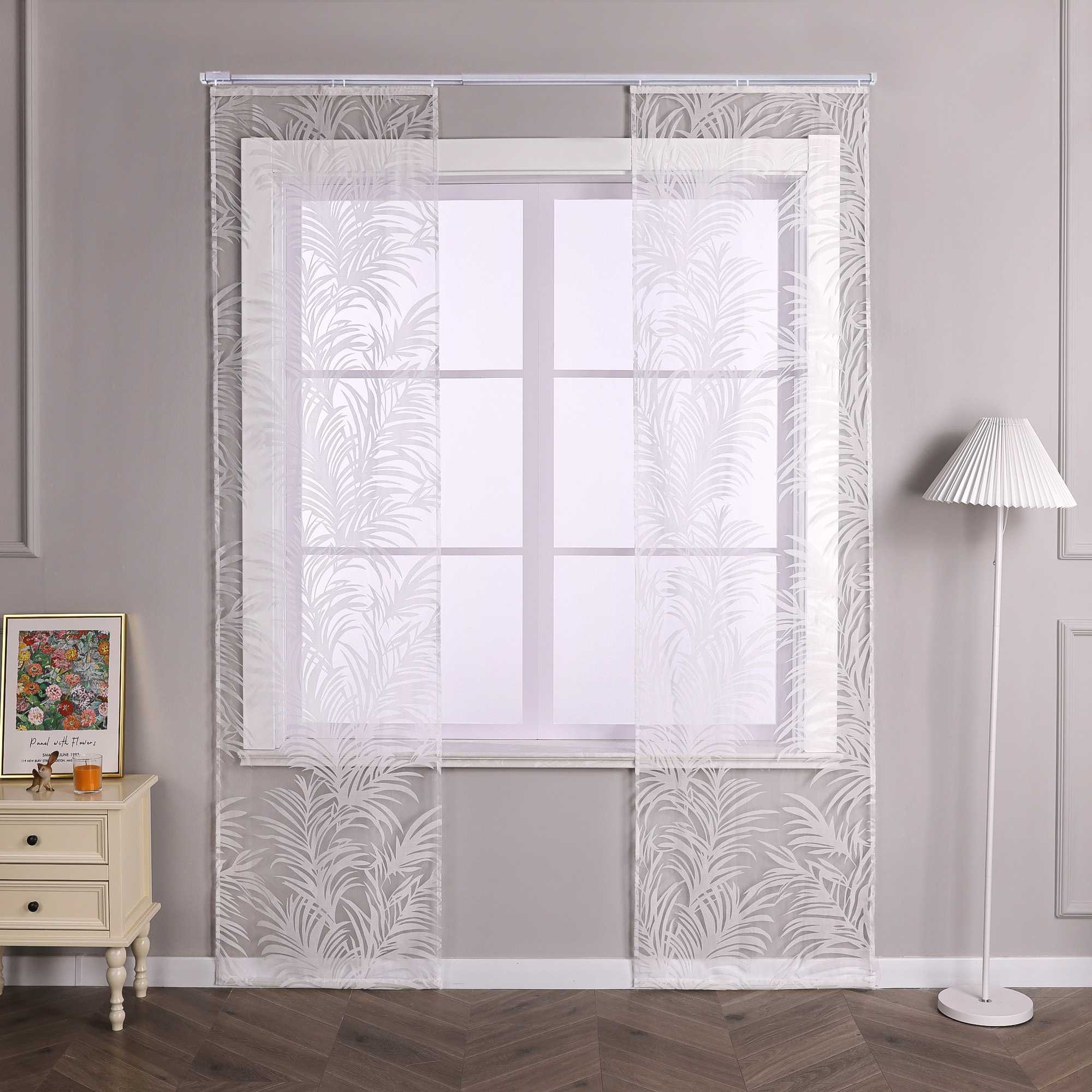 Set of 2 Sliding Panel Curtains for Curtain Track with Ginger-Leaf Pattern - White, H x W 145 x 57 cm